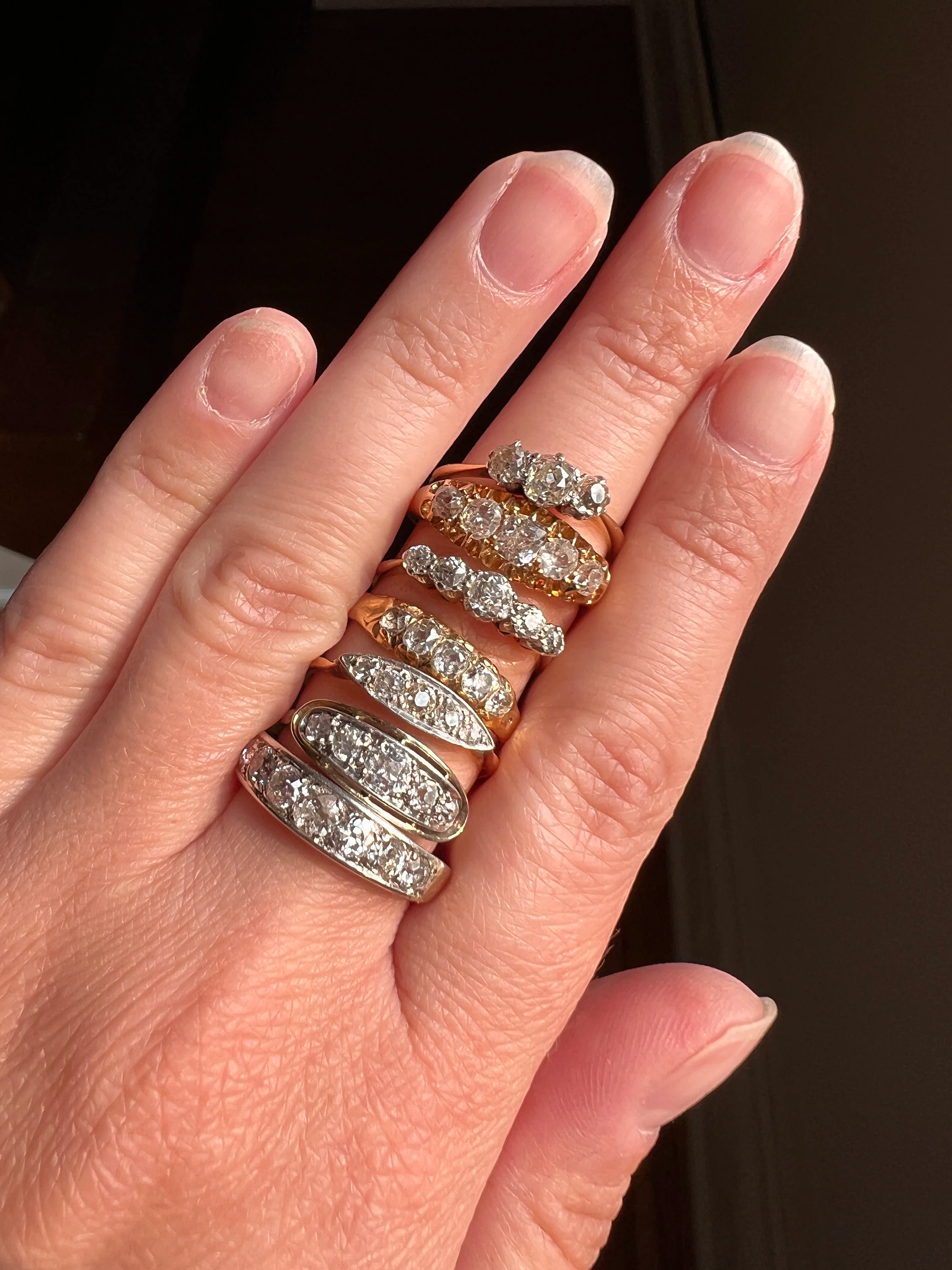 French ANTIQUE 18k White Gold .5 Ctw Old Mine Cut Diamond Five Stone Boat East West Navette Ring Edwardian Belle Epoque Stacker Band Halo Stacking - Image 10