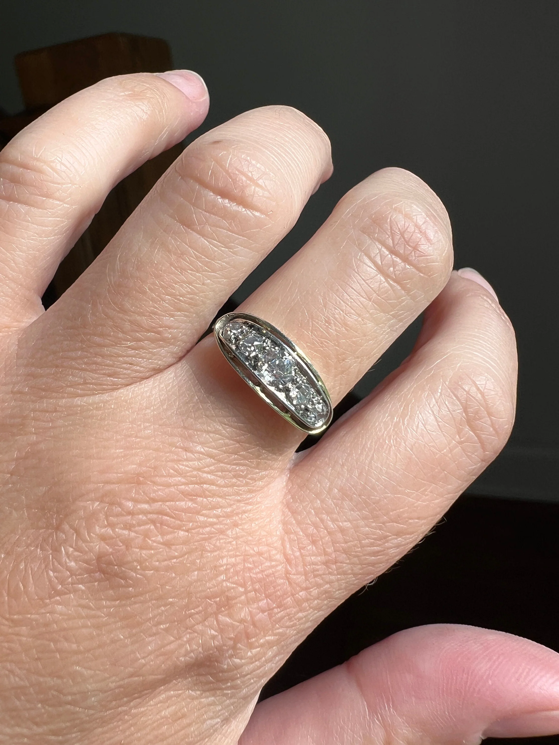 French ANTIQUE 18k White Gold .5 Ctw Old Mine Cut Diamond Five Stone Boat East West Navette Ring Edwardian Belle Epoque Stacker Band Halo Stacking - Image 4