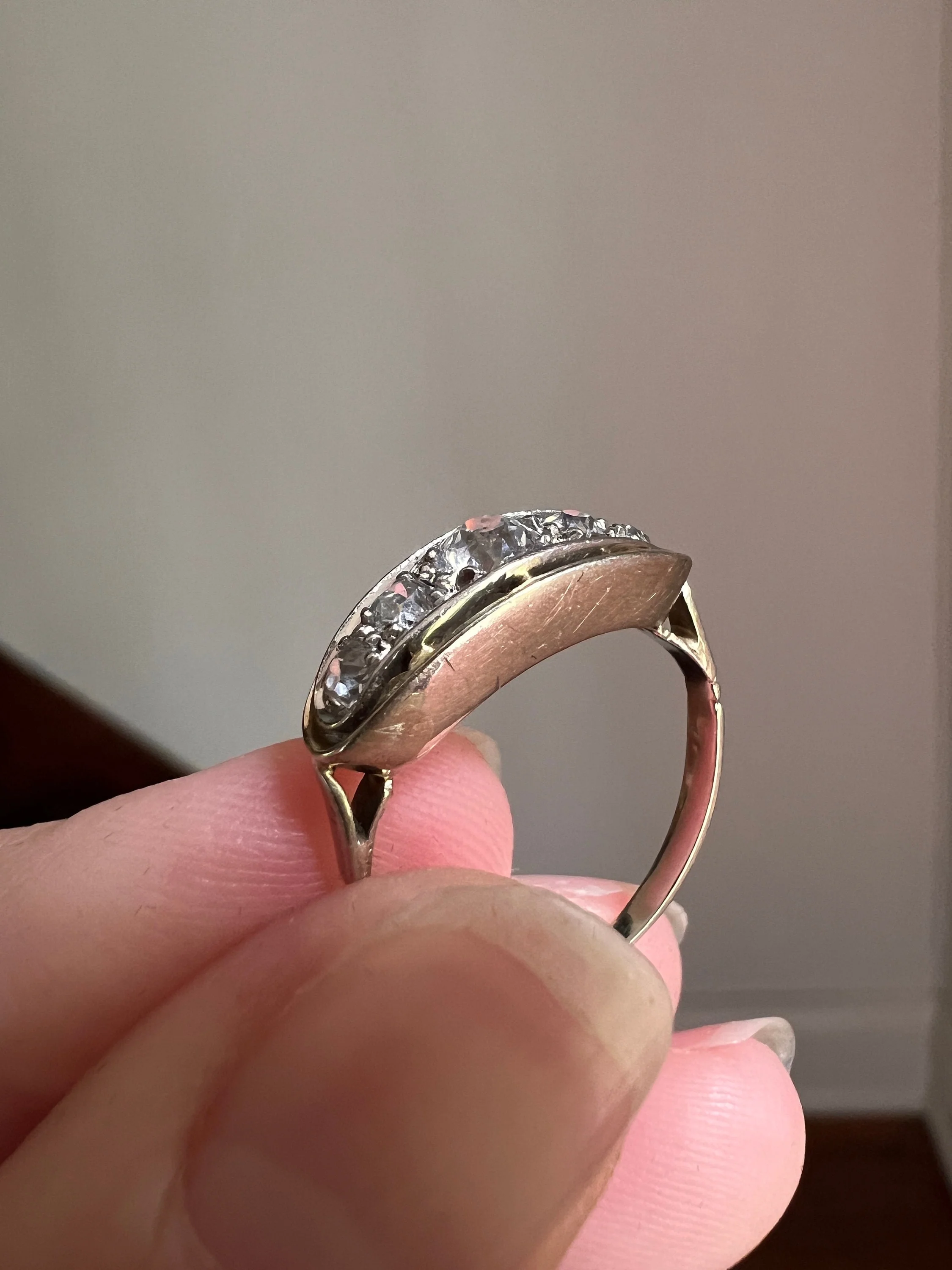 French ANTIQUE 18k White Gold .5 Ctw Old Mine Cut Diamond Five Stone Boat East West Navette Ring Edwardian Belle Epoque Stacker Band Halo Stacking - Image 5