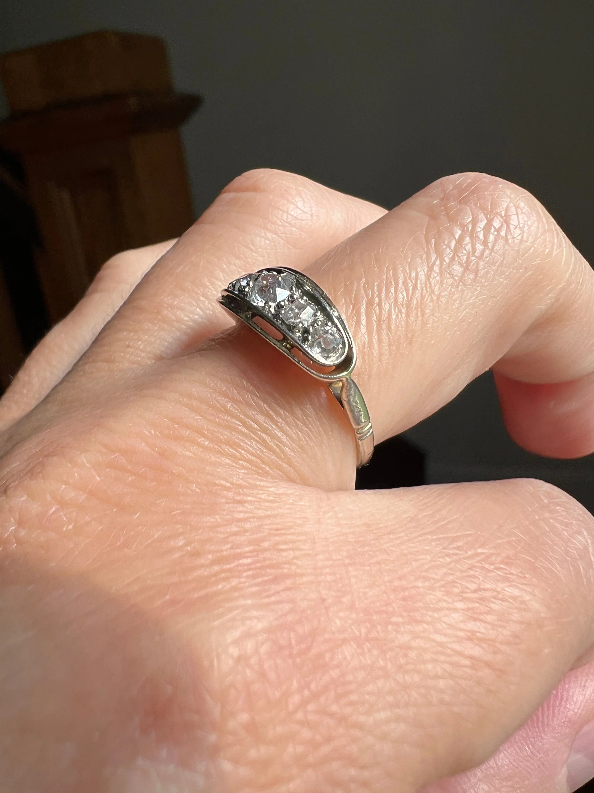 French ANTIQUE 18k White Gold .5 Ctw Old Mine Cut Diamond Five Stone Boat East West Navette Ring Edwardian Belle Epoque Stacker Band Halo Stacking - Image 6