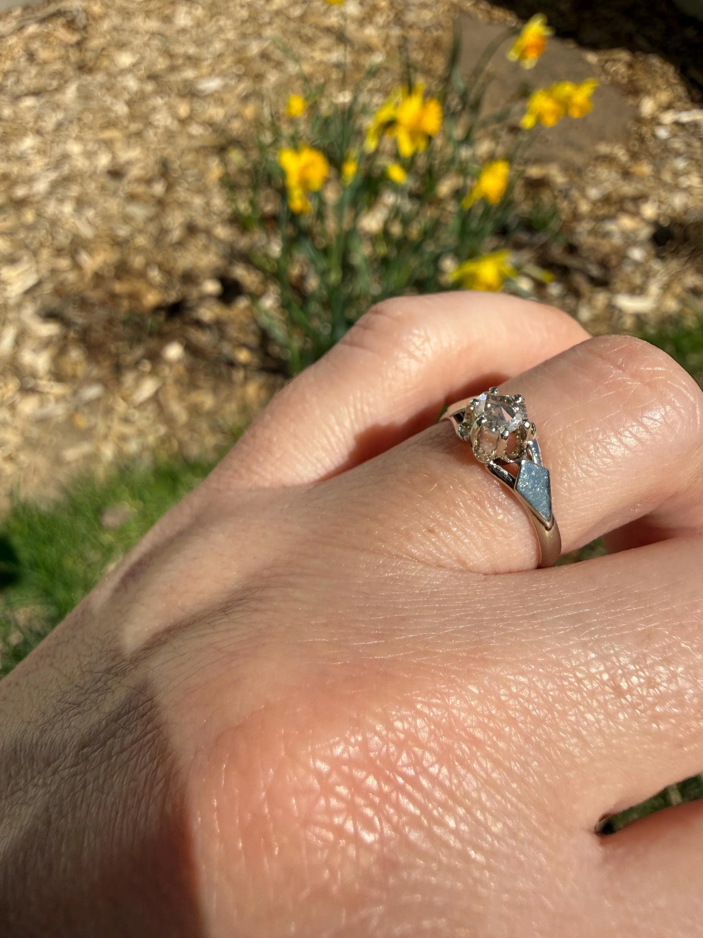 French Antique Rose Cut DIAMOND Solitaire 18k White Gold Ring Disco Ball Stacker Open Back Engagement Pinky Band - Image 10