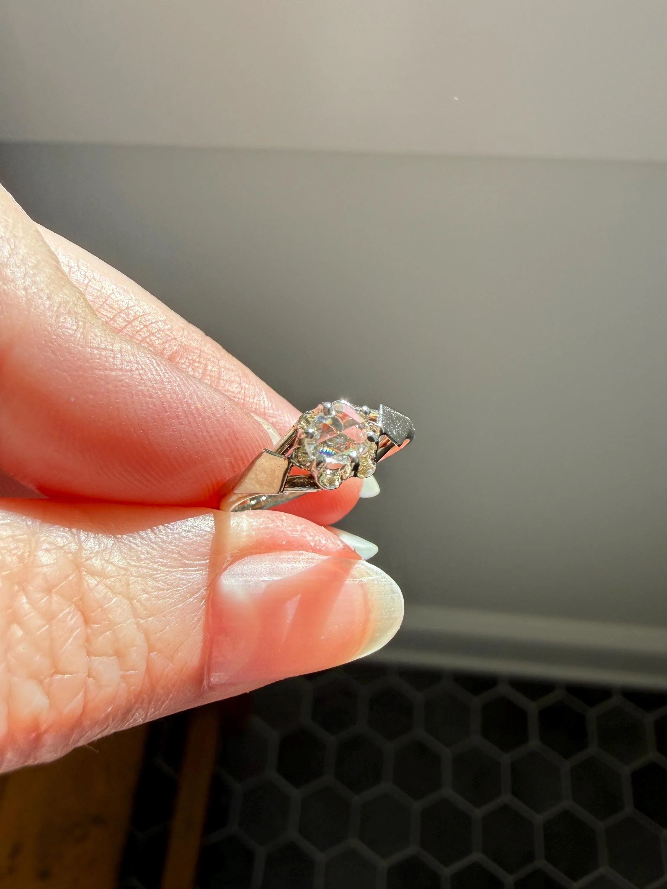 French Antique Rose Cut DIAMOND Solitaire 18k White Gold Ring Disco Ball Stacker Open Back Engagement Pinky Band - Image 12