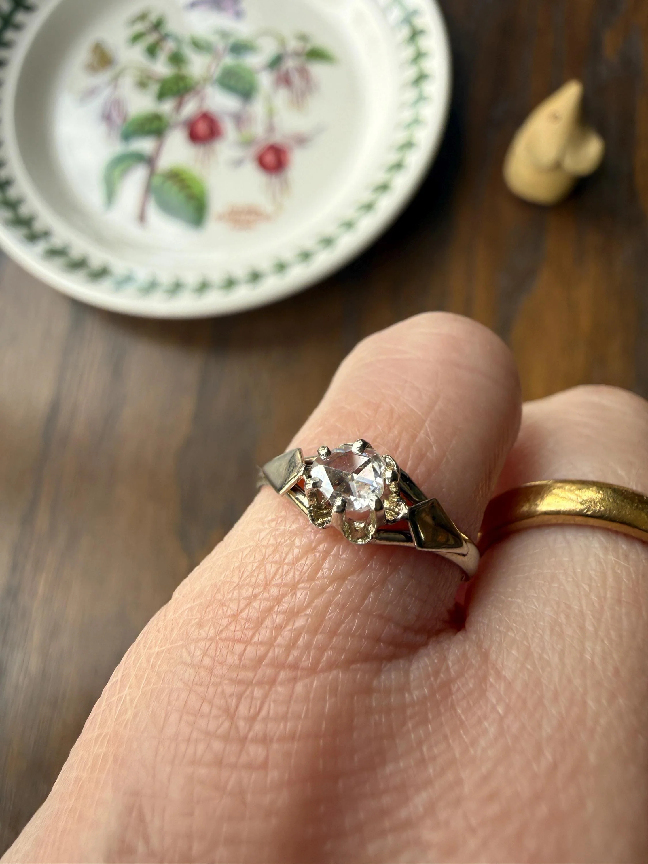 French Antique Rose Cut DIAMOND Solitaire 18k White Gold Ring Disco Ball Stacker Open Back Engagement Pinky Band - Image 13