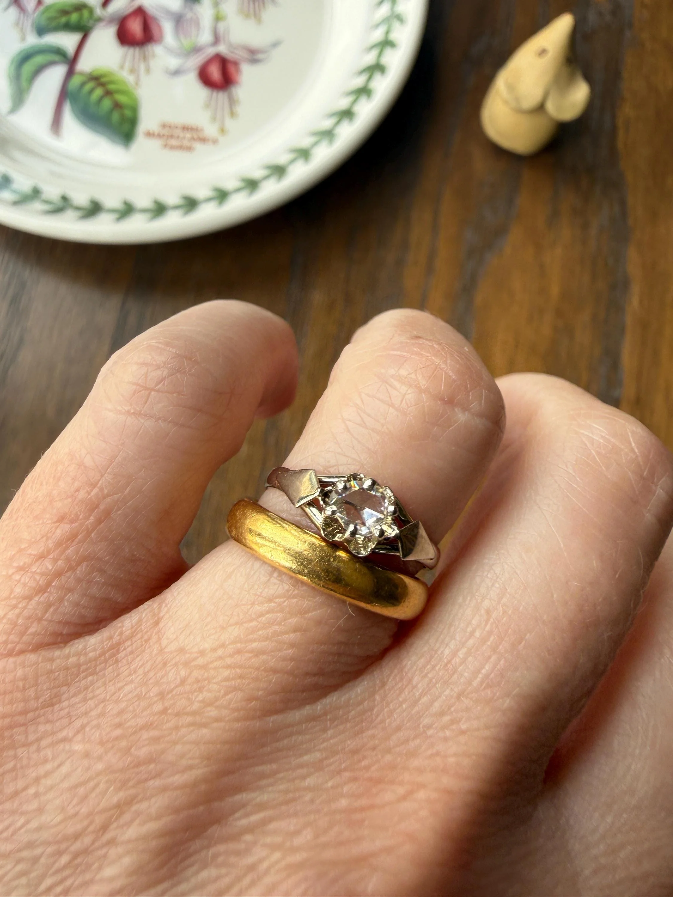 French Antique Rose Cut DIAMOND Solitaire 18k White Gold Ring Disco Ball Stacker Open Back Engagement Pinky Band - Image 3