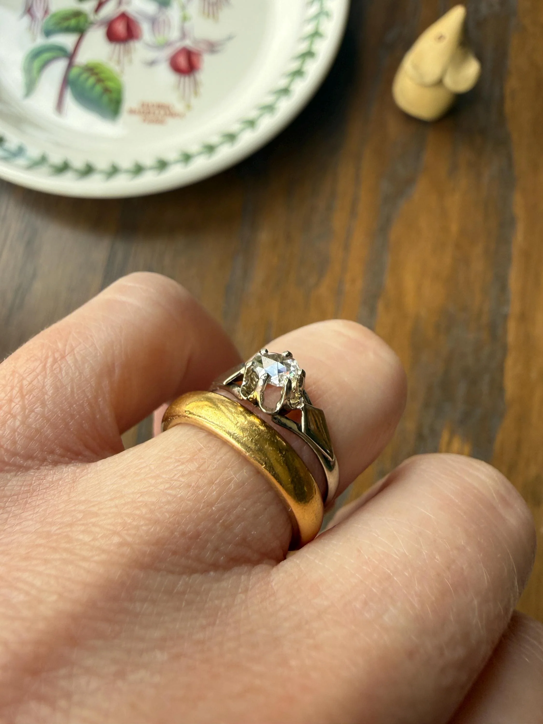 French Antique Rose Cut DIAMOND Solitaire 18k White Gold Ring Disco Ball Stacker Open Back Engagement Pinky Band - Image 4