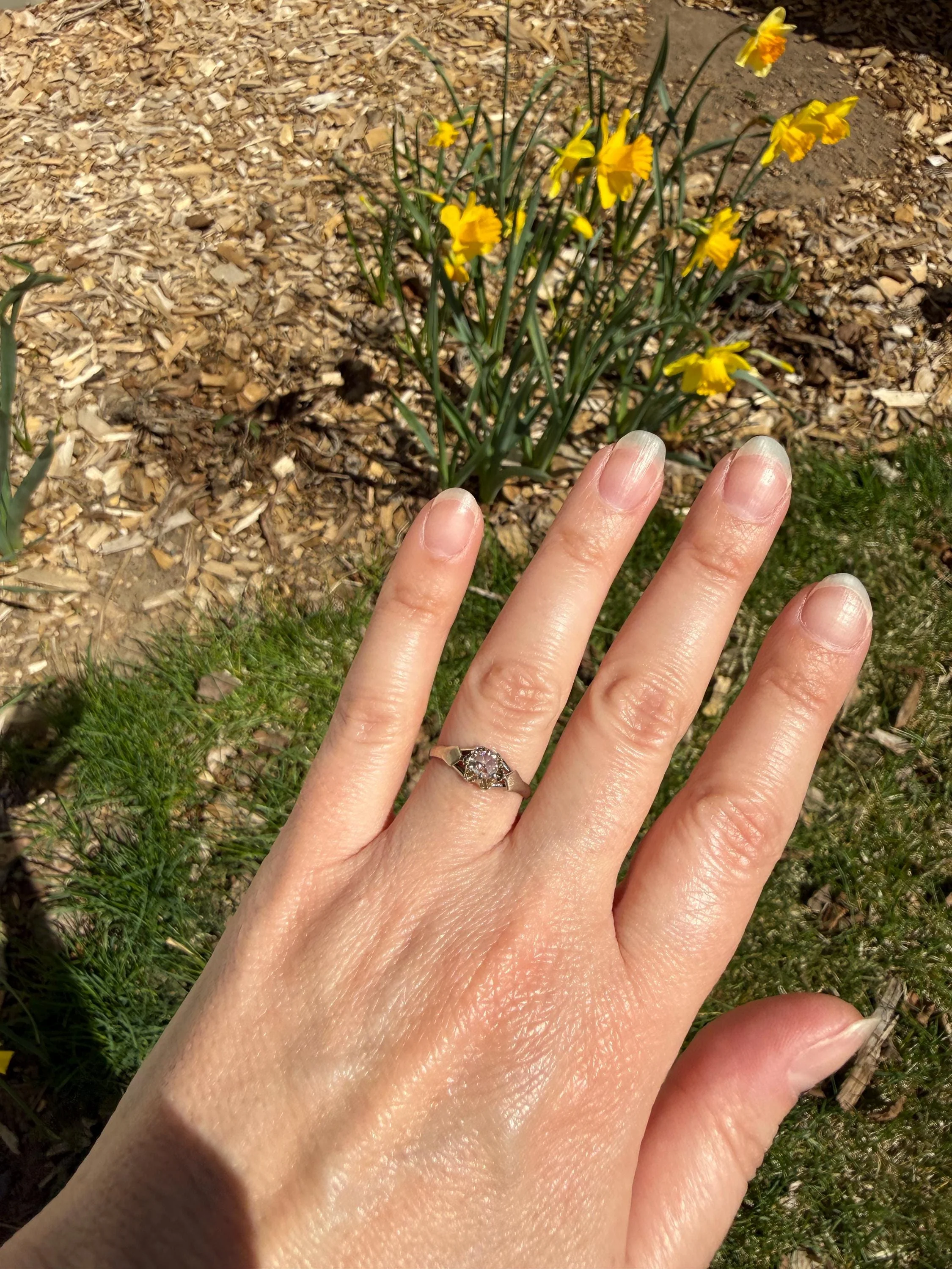 French Antique Rose Cut DIAMOND Solitaire 18k White Gold Ring Disco Ball Stacker Open Back Engagement Pinky Band - Image 5