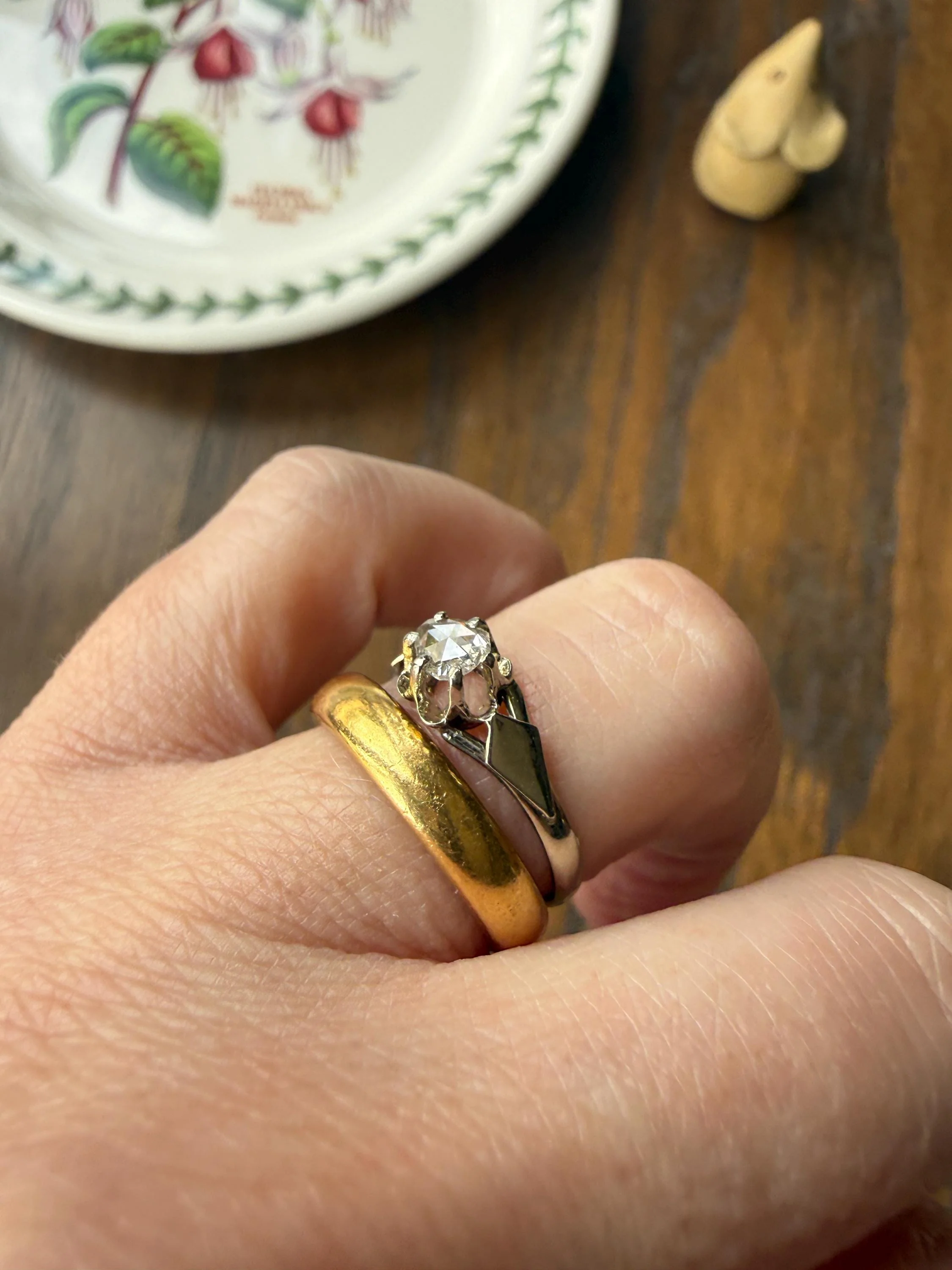 French Antique Rose Cut DIAMOND Solitaire 18k White Gold Ring Disco Ball Stacker Open Back Engagement Pinky Band - Image 6