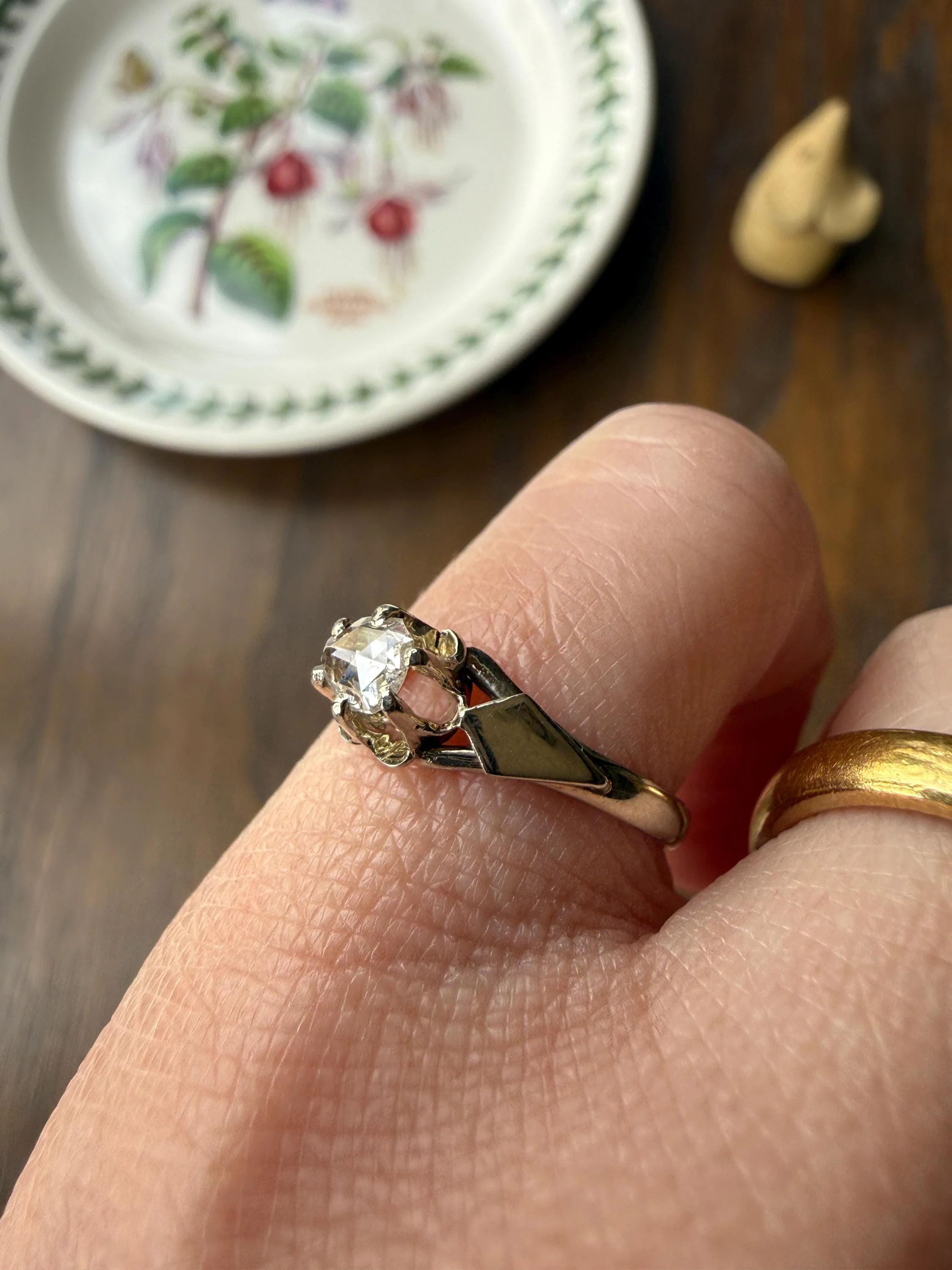 French Antique Rose Cut DIAMOND Solitaire 18k White Gold Ring Disco Ball Stacker Open Back Engagement Pinky Band - Image 7