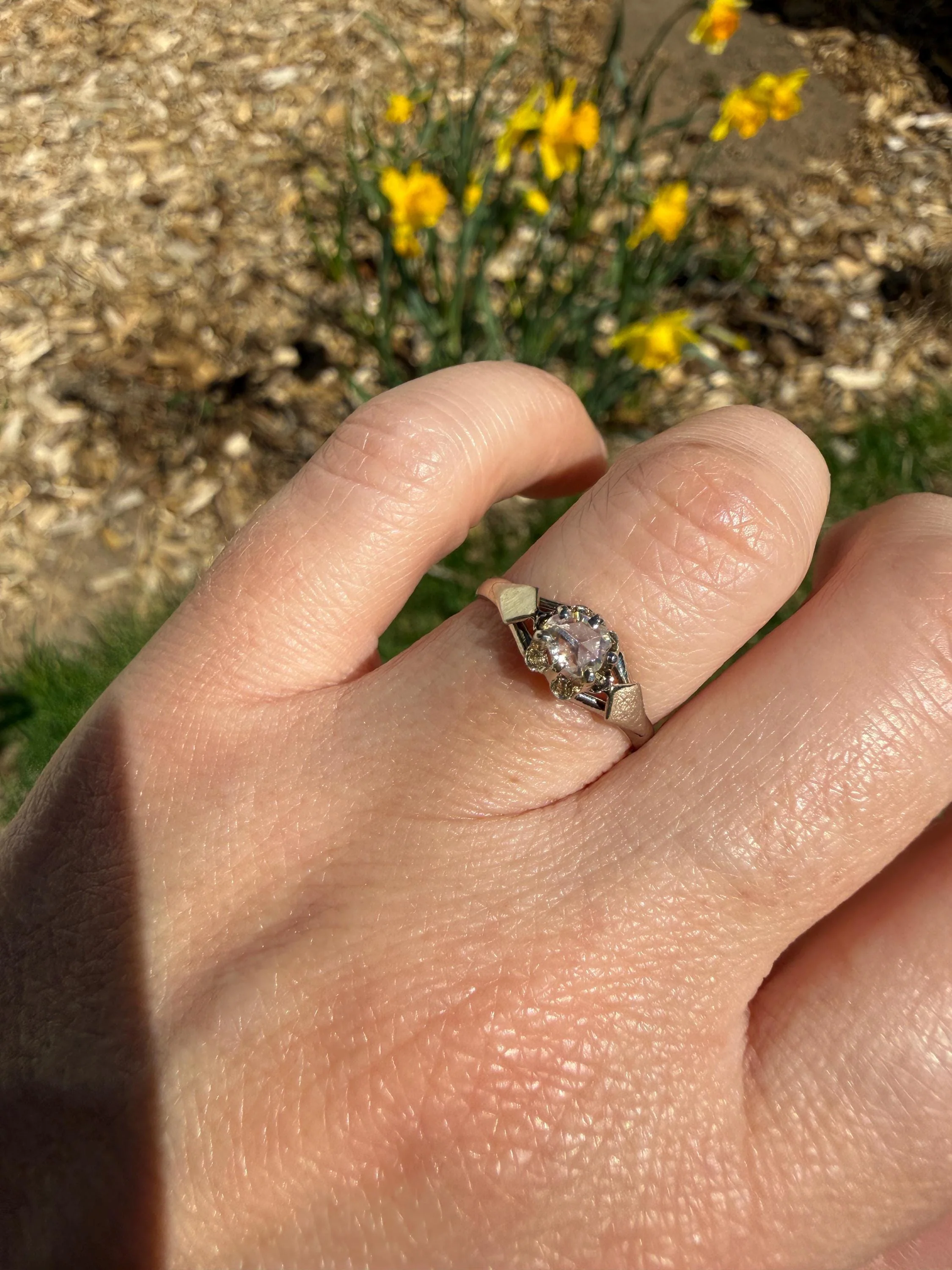 French Antique Rose Cut DIAMOND Solitaire 18k White Gold Ring Disco Ball Stacker Open Back Engagement Pinky Band - Image 8