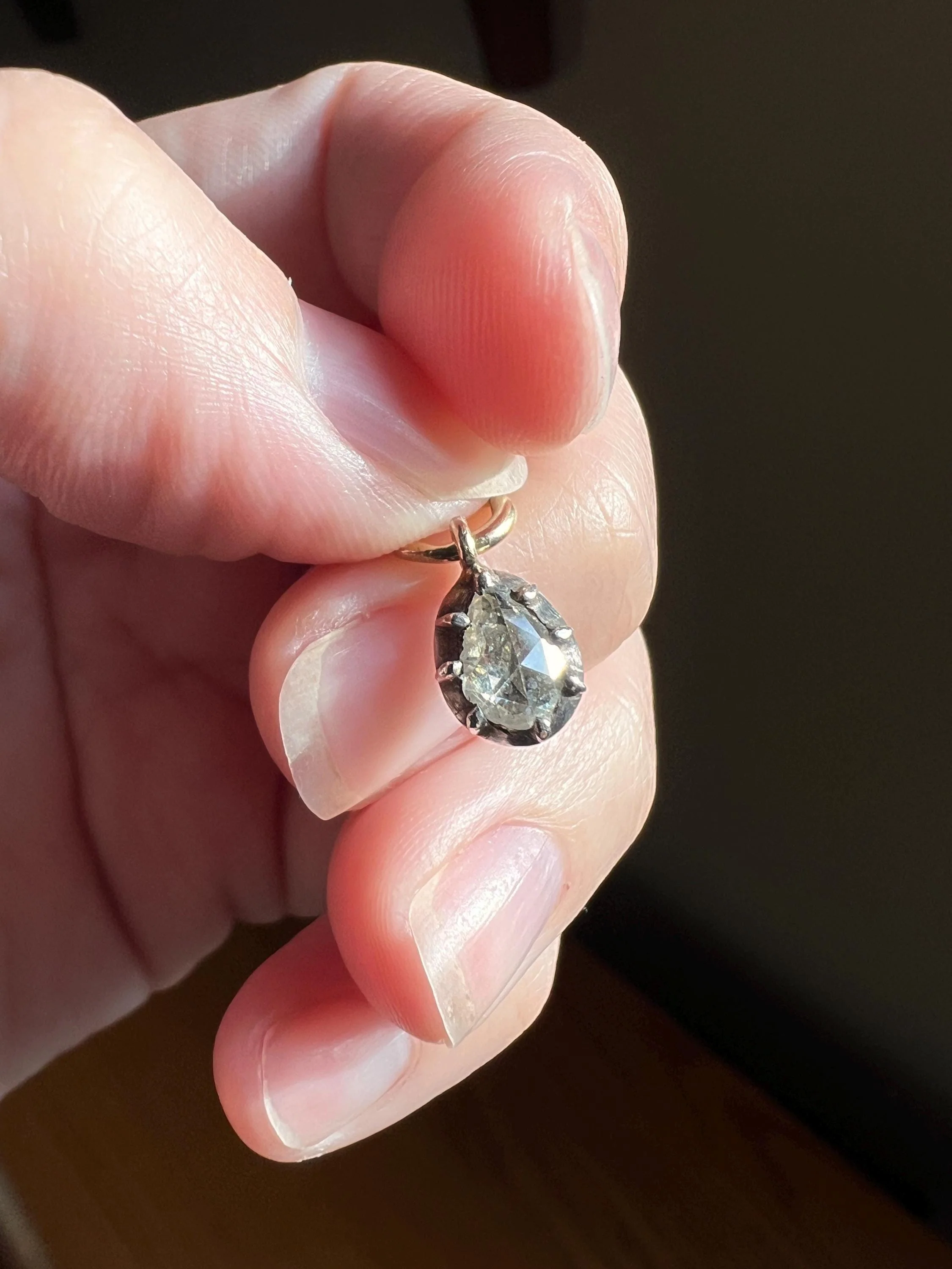 FRENCH Antique Rose Cut DIAMOND Teardrop Pendant 18k Gold Pear Dangle Silver Collet Georgian