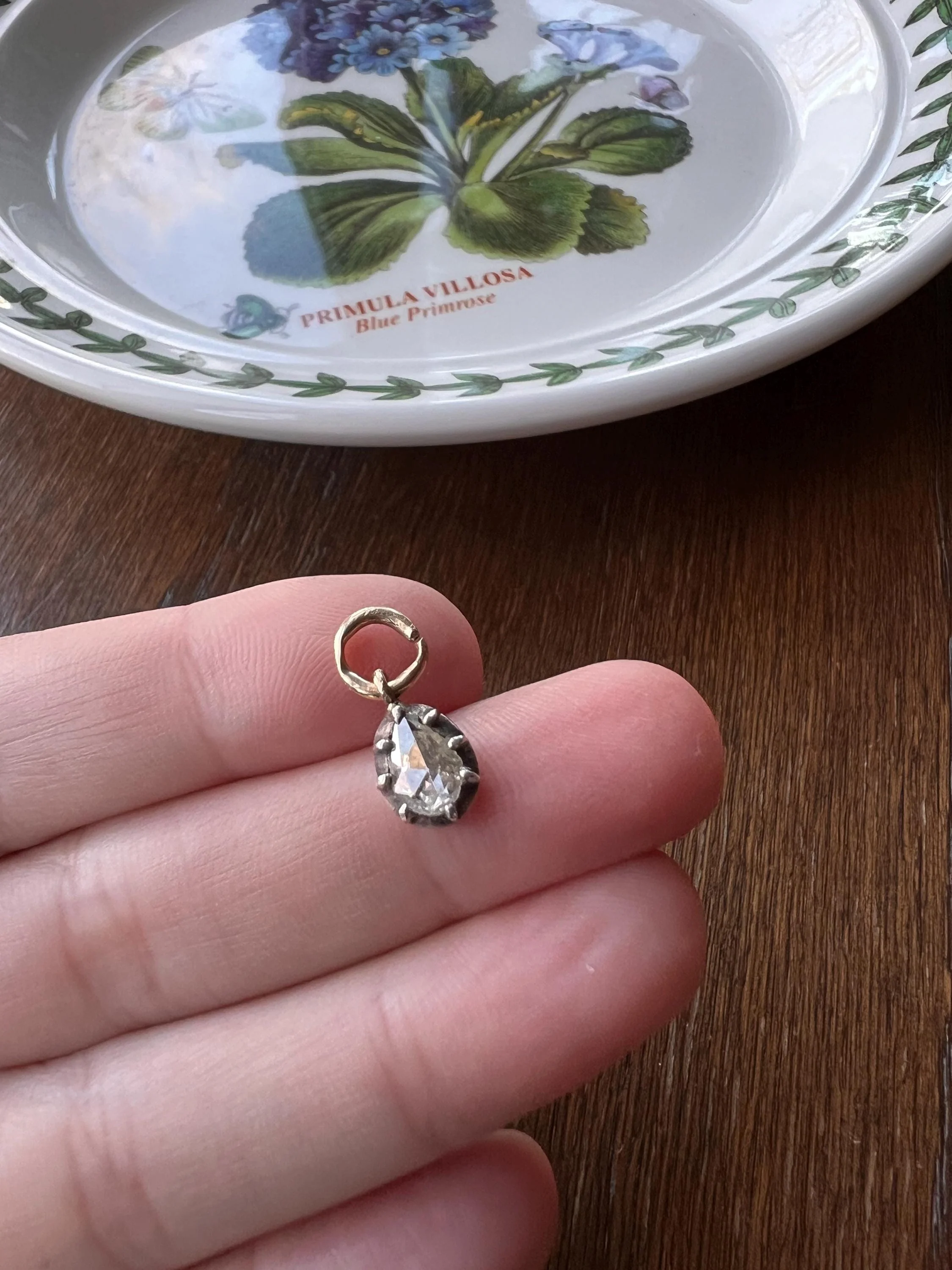 FRENCH Antique Rose Cut DIAMOND Teardrop Pendant 18k Gold Pear Dangle Silver Collet Georgian - Image 6