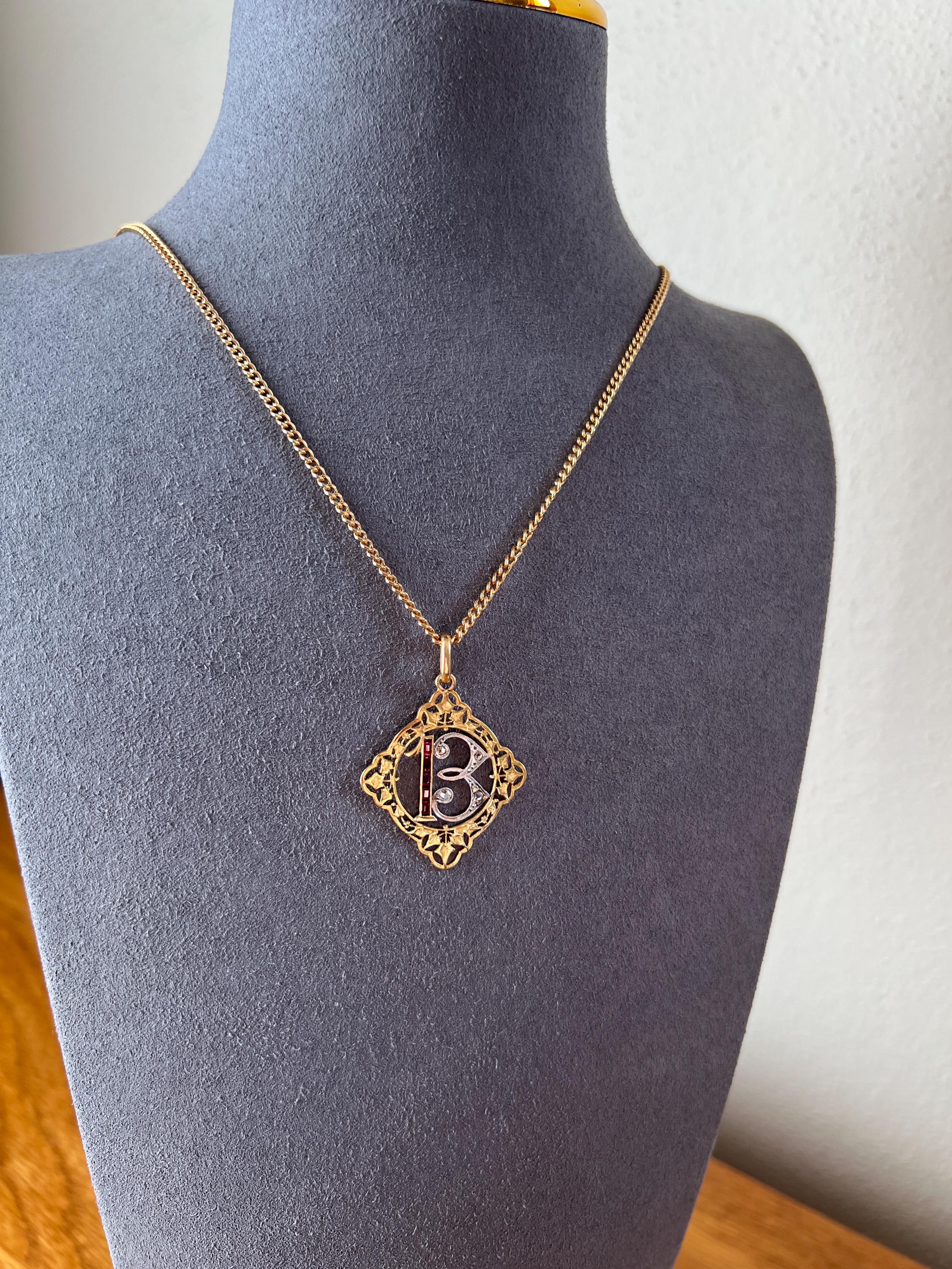 FRENCH Antique RUBY Lucky Number # 13 Pendant Rose Cut DIAMOND 18k Gold Belle Epoque Victorian Medal Ivy Thirteen Amulet Love Token Figural - Image 10