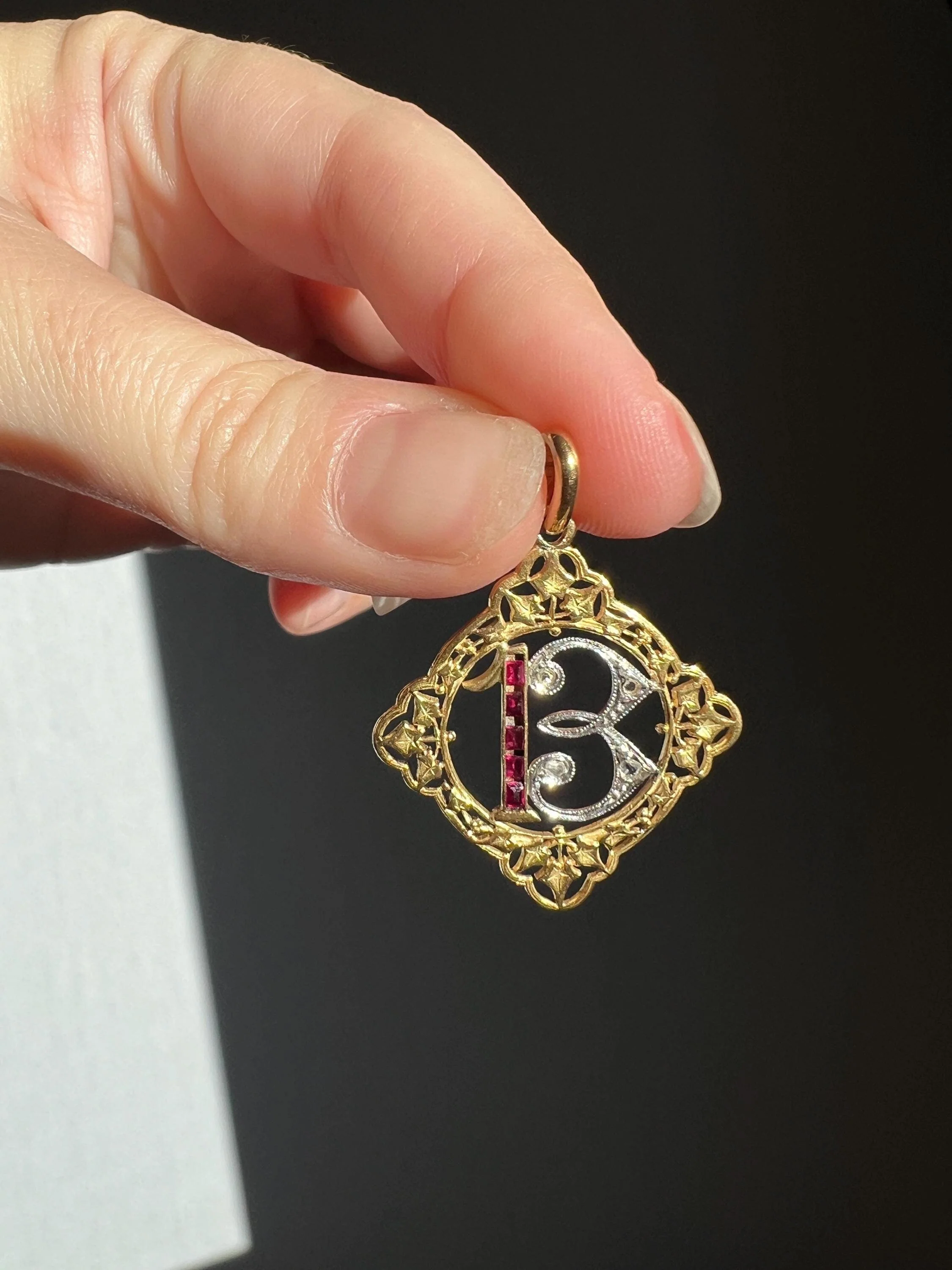 FRENCH Antique RUBY Lucky Number # 13 Pendant Rose Cut DIAMOND 18k Gold Belle Epoque Victorian Medal Ivy Thirteen Amulet Love Token Figural - Image 11