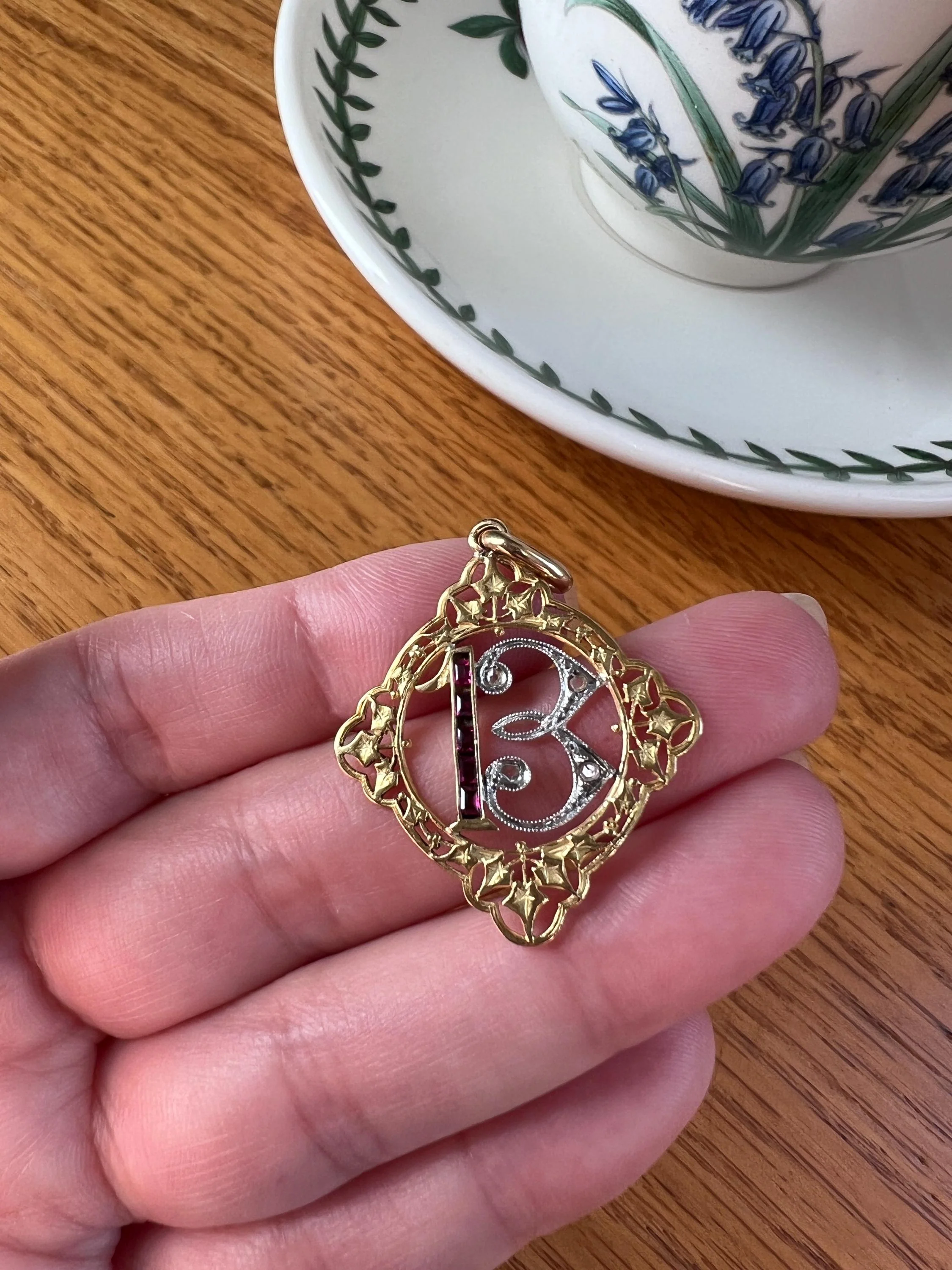 FRENCH Antique RUBY Lucky Number # 13 Pendant Rose Cut DIAMOND 18k Gold Belle Epoque Victorian Medal Ivy Thirteen Amulet Love Token Figural - Image 2