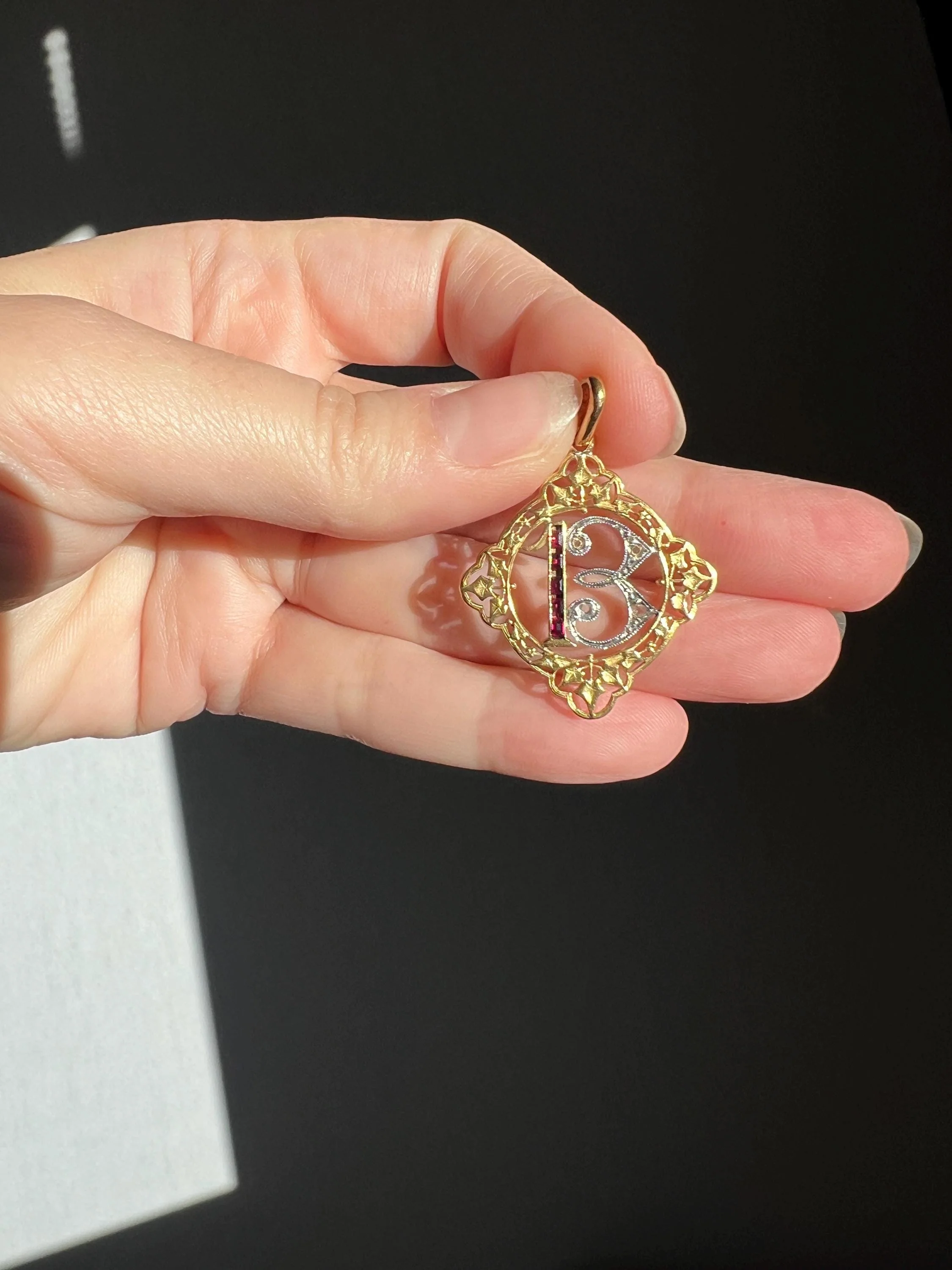 FRENCH Antique RUBY Lucky Number # 13 Pendant Rose Cut DIAMOND 18k Gold Belle Epoque Victorian Medal Ivy Thirteen Amulet Love Token Figural - Image 5