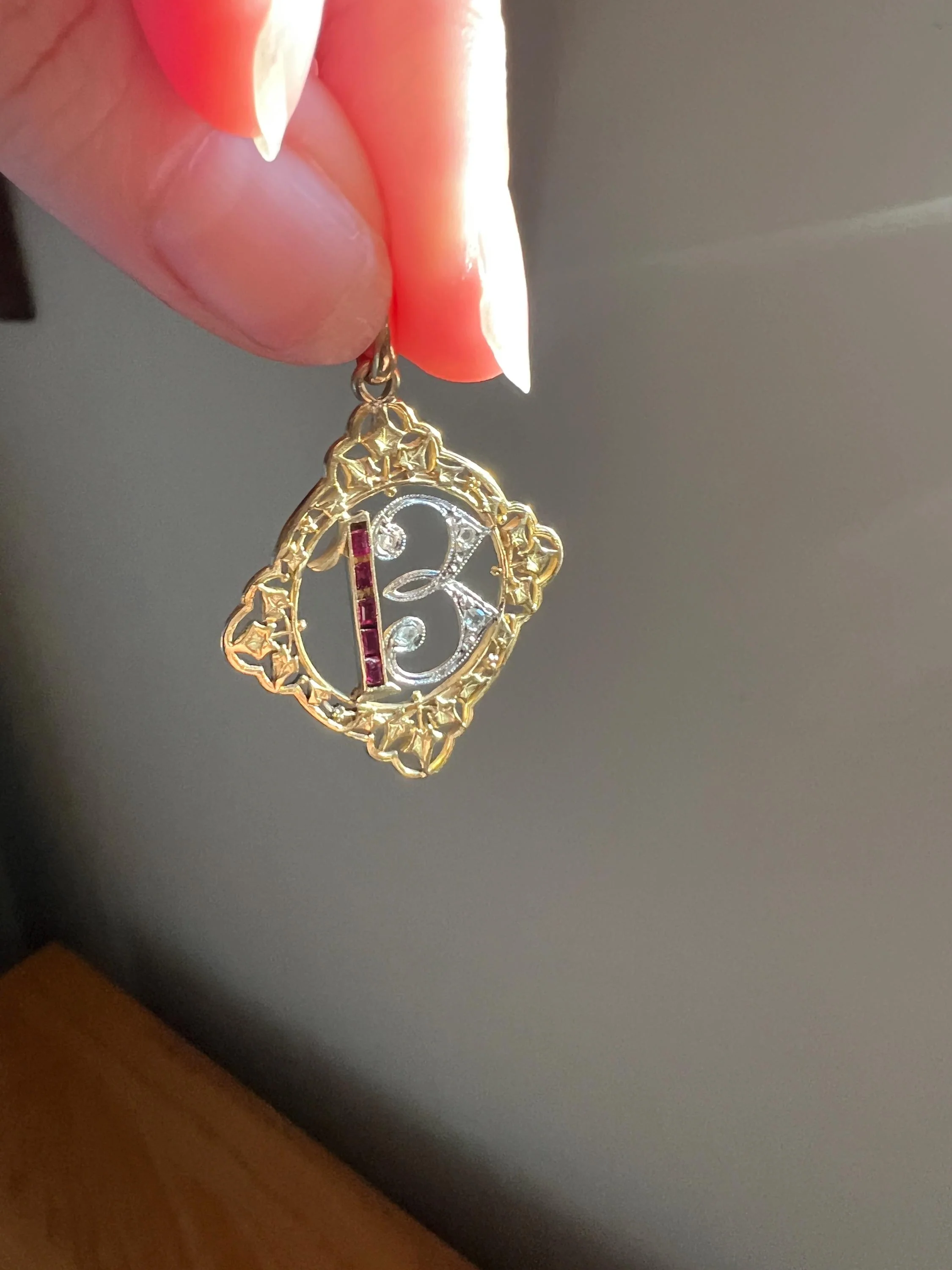FRENCH Antique RUBY Lucky Number # 13 Pendant Rose Cut DIAMOND 18k Gold Belle Epoque Victorian Medal Ivy Thirteen Amulet Love Token Figural - Image 6
