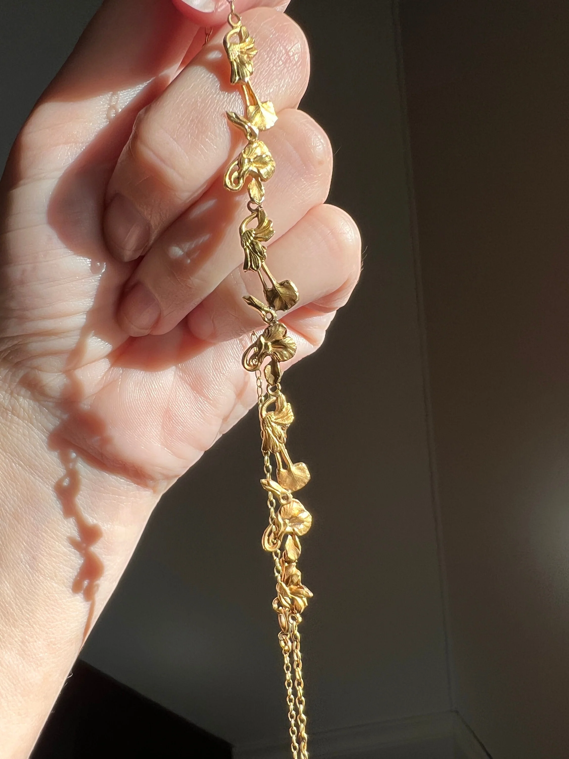French Art Nouveau FLORAL 18k Gold Garland Necklace 18k Gold Chain Daisy Pansy Violet Belle Epoque - Image 3