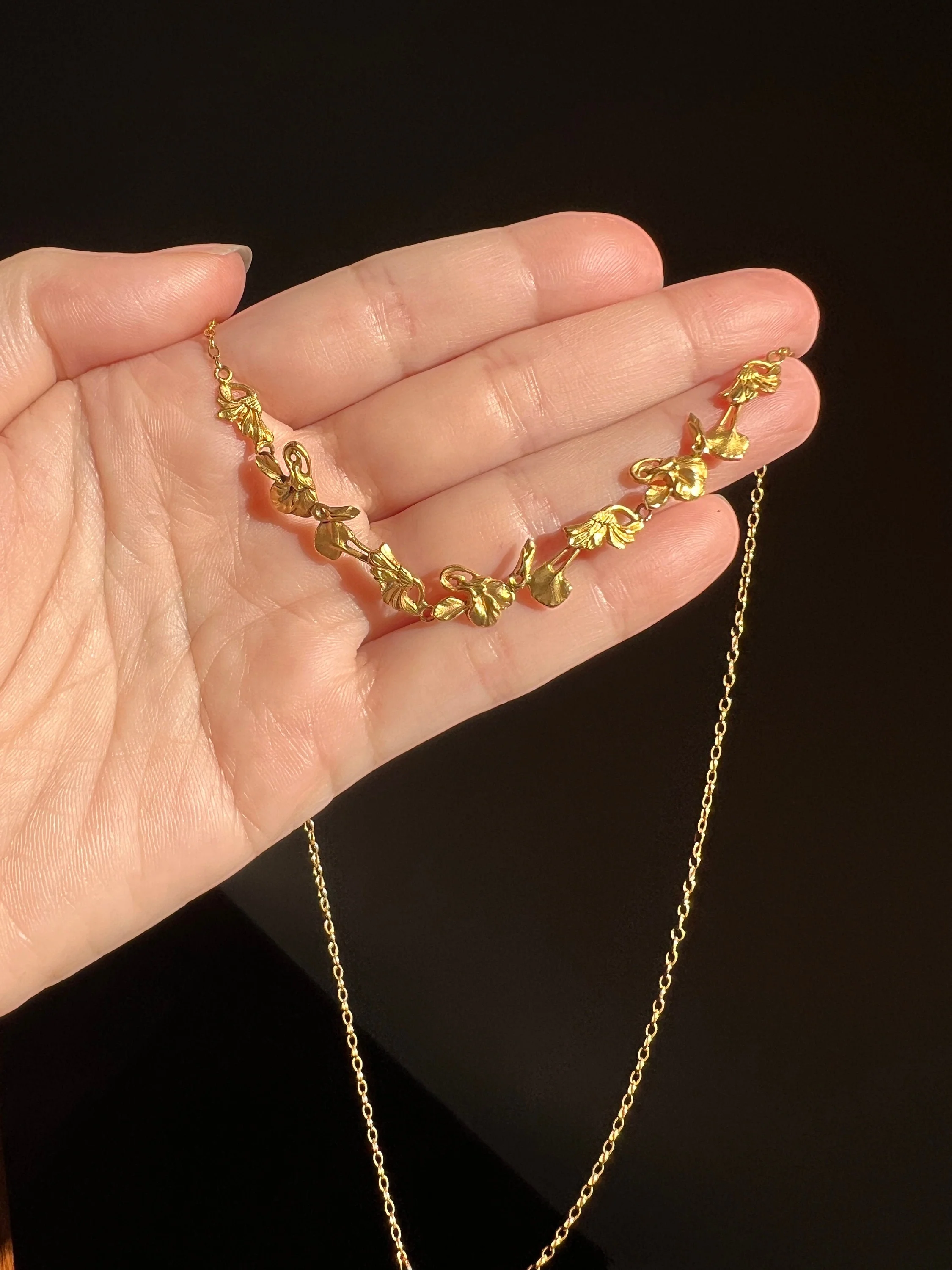 French Art Nouveau FLORAL 18k Gold Garland Necklace 18k Gold Chain Daisy Pansy Violet Belle Epoque - Image 6
