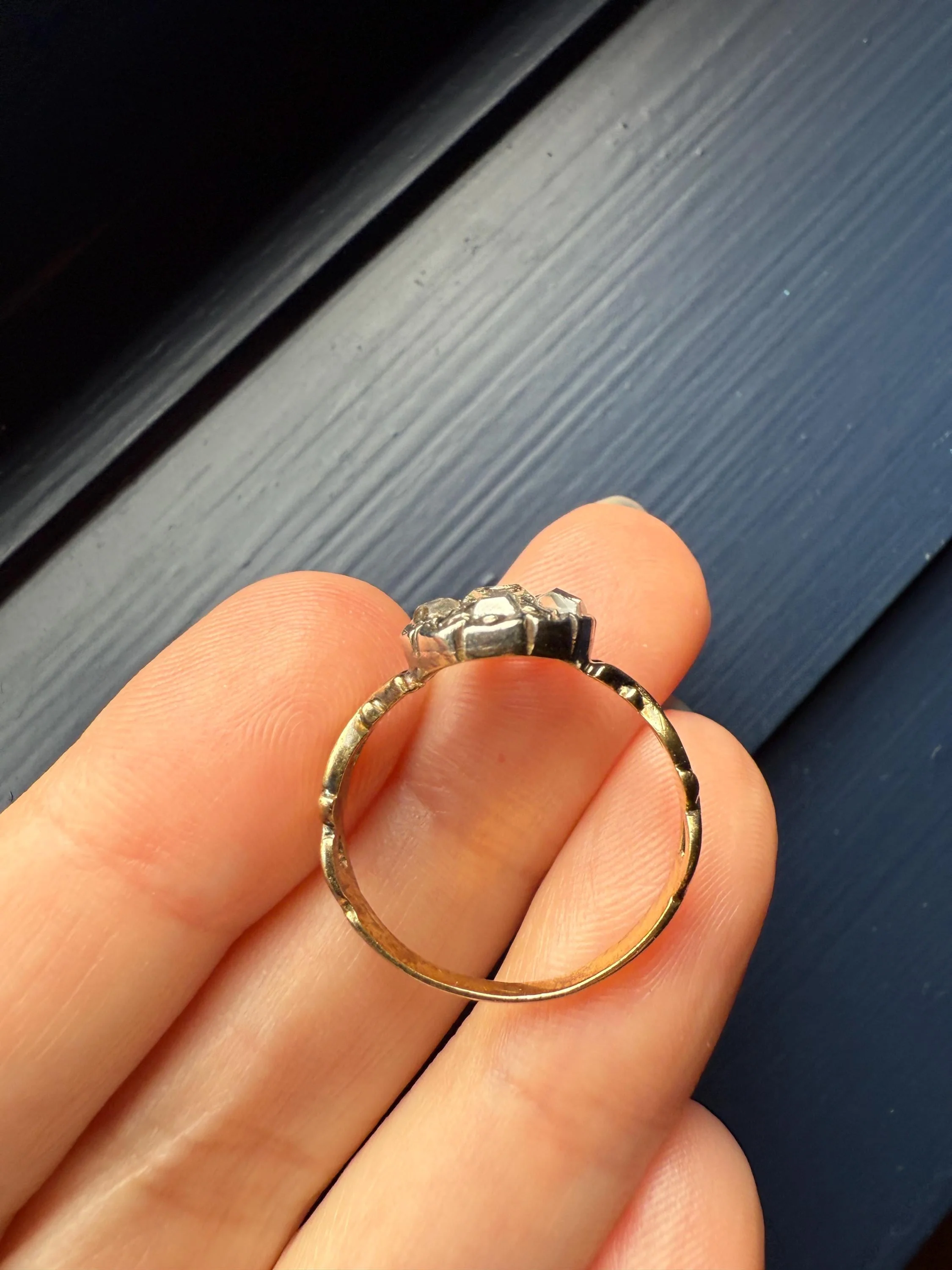 French Early Victorian Era Antique Open Back Table Cut DIAMOND Oval Cluster Ring 18k Gold Scarce Romantic Gift 1800s Ornate Band Stacker - Image 10