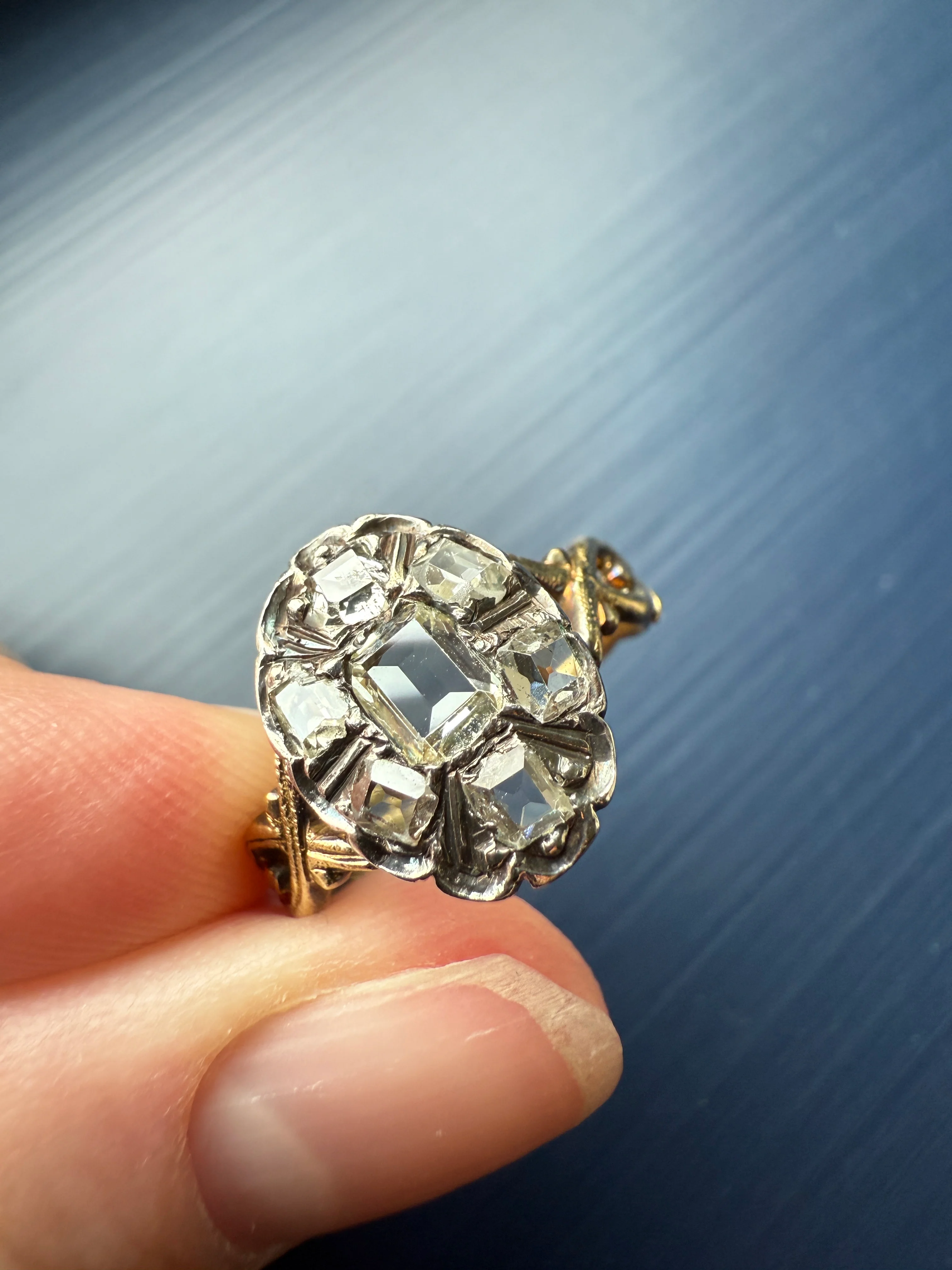 French Early Victorian Era Antique Open Back Table Cut DIAMOND Oval Cluster Ring 18k Gold Scarce Romantic Gift 1800s Ornate Band Stacker - Image 11