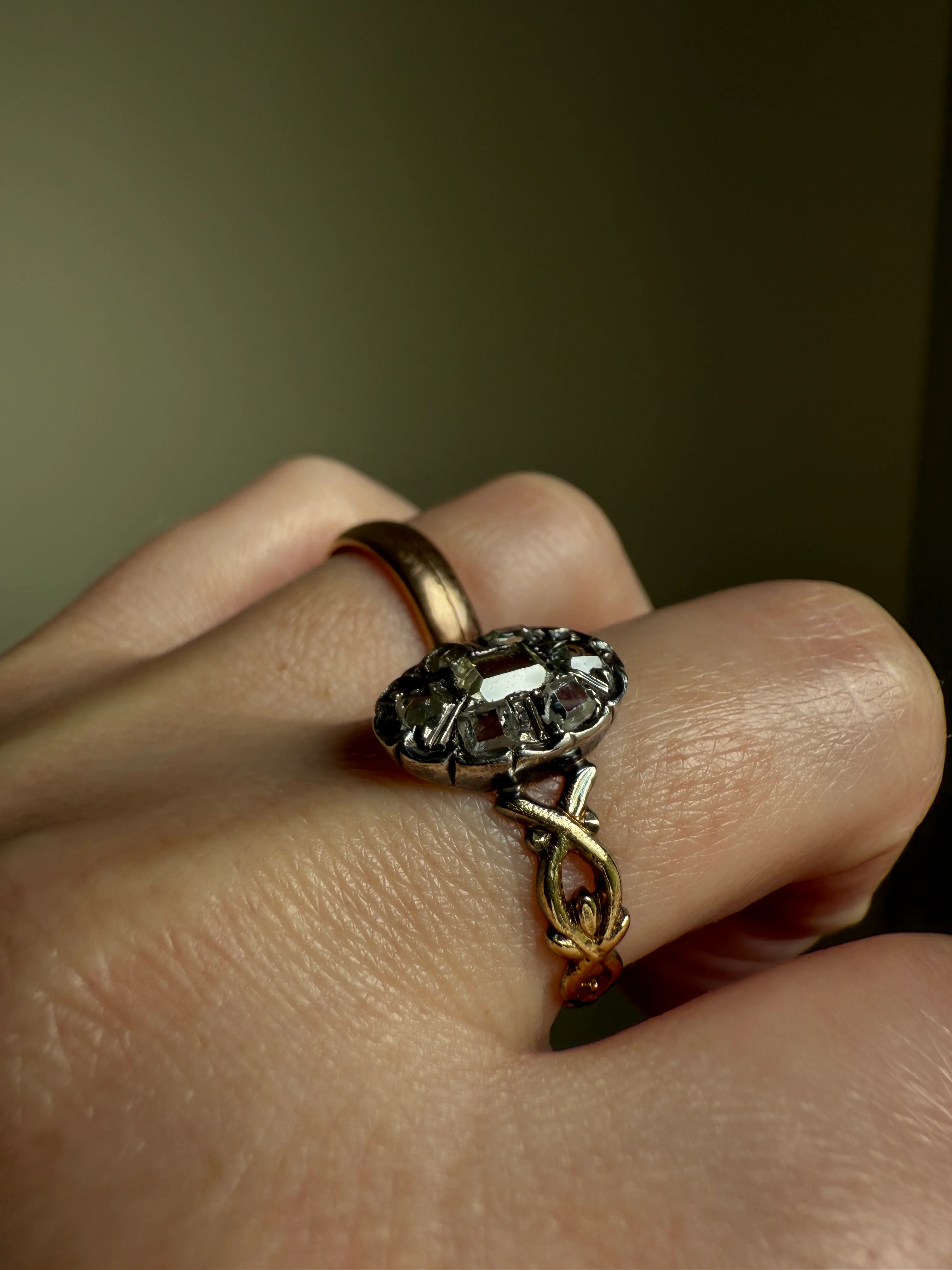 French Early Victorian Era Antique Open Back Table Cut DIAMOND Oval Cluster Ring 18k Gold Scarce Romantic Gift 1800s Ornate Band Stacker - Image 13