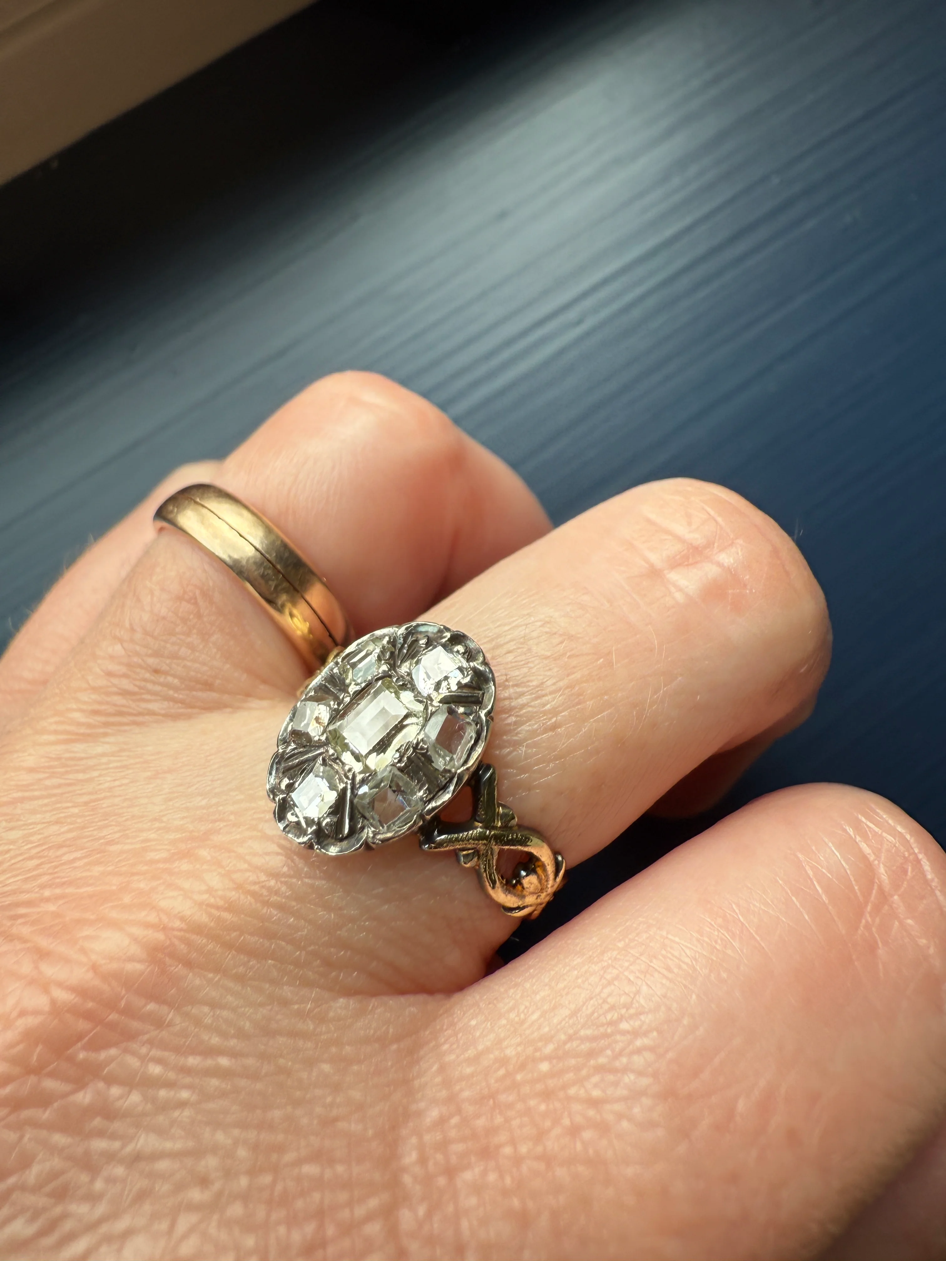 French Early Victorian Era Antique Open Back Table Cut DIAMOND Oval Cluster Ring 18k Gold Scarce Romantic Gift 1800s Ornate Band Stacker - Image 14