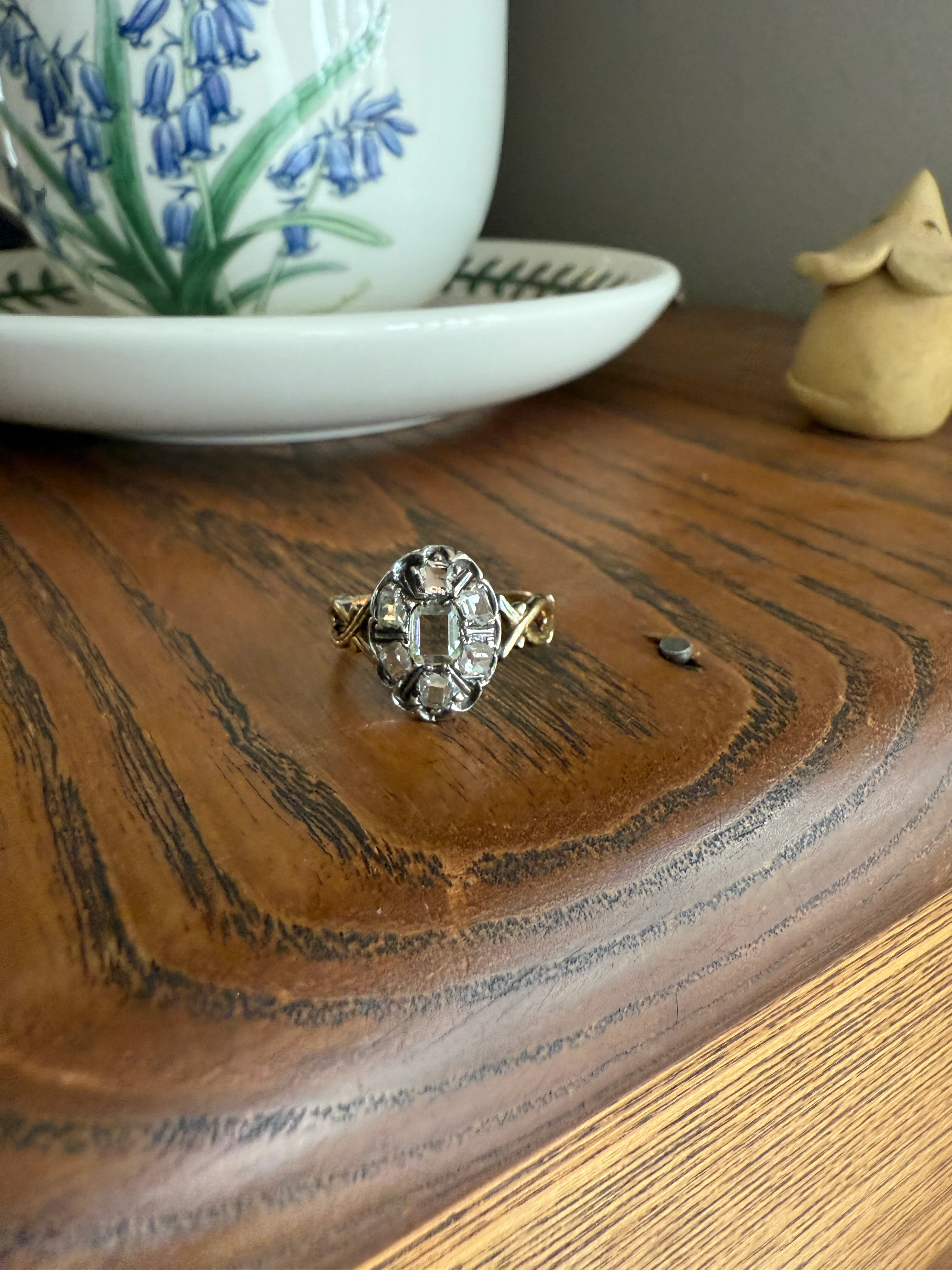French Early Victorian Era Antique Open Back Table Cut DIAMOND Oval Cluster Ring 18k Gold Scarce Romantic Gift 1800s Ornate Band Stacker - Image 16