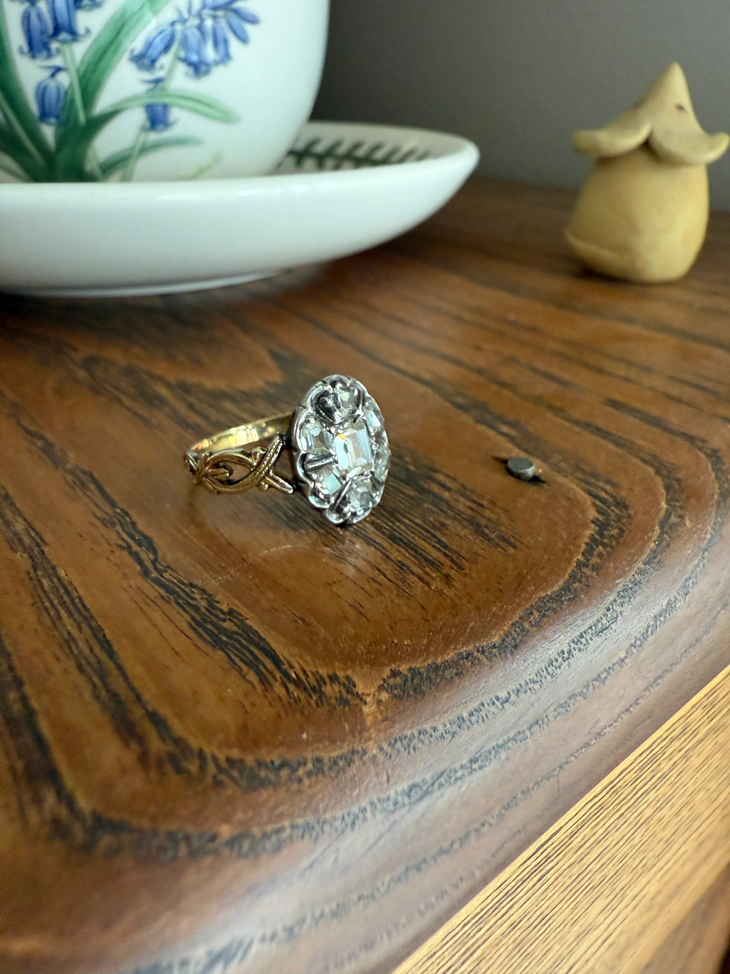 French Early Victorian Era Antique Open Back Table Cut DIAMOND Oval Cluster Ring 18k Gold Scarce Romantic Gift 1800s Ornate Band Stacker - Image 17