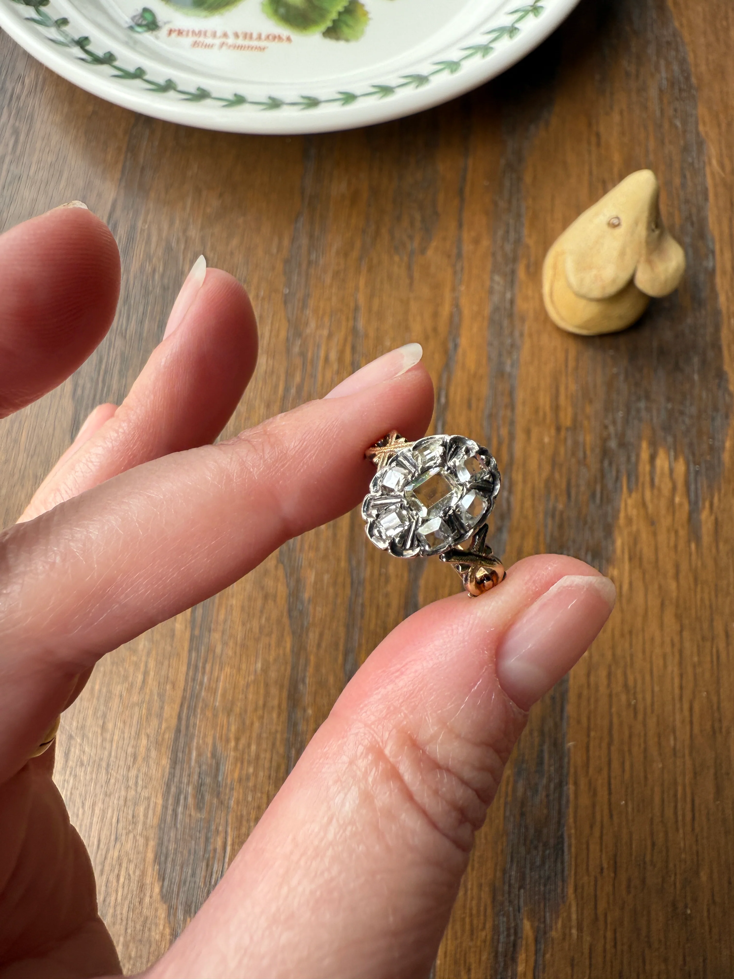 French Early Victorian Era Antique Open Back Table Cut DIAMOND Oval Cluster Ring 18k Gold Scarce Romantic Gift 1800s Ornate Band Stacker - Image 18