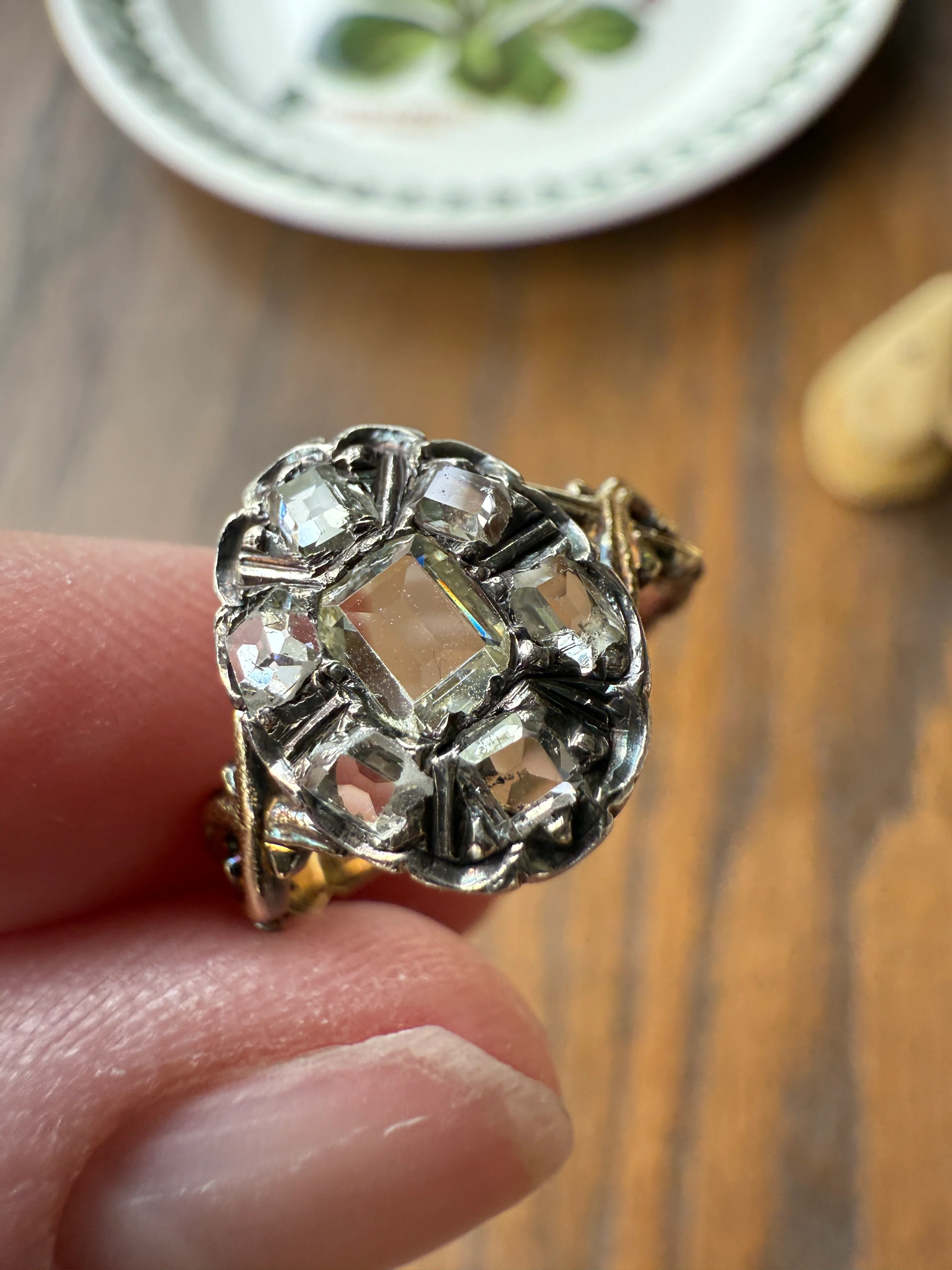 French Early Victorian Era Antique Open Back Table Cut DIAMOND Oval Cluster Ring 18k Gold Scarce Romantic Gift 1800s Ornate Band Stacker - Image 21