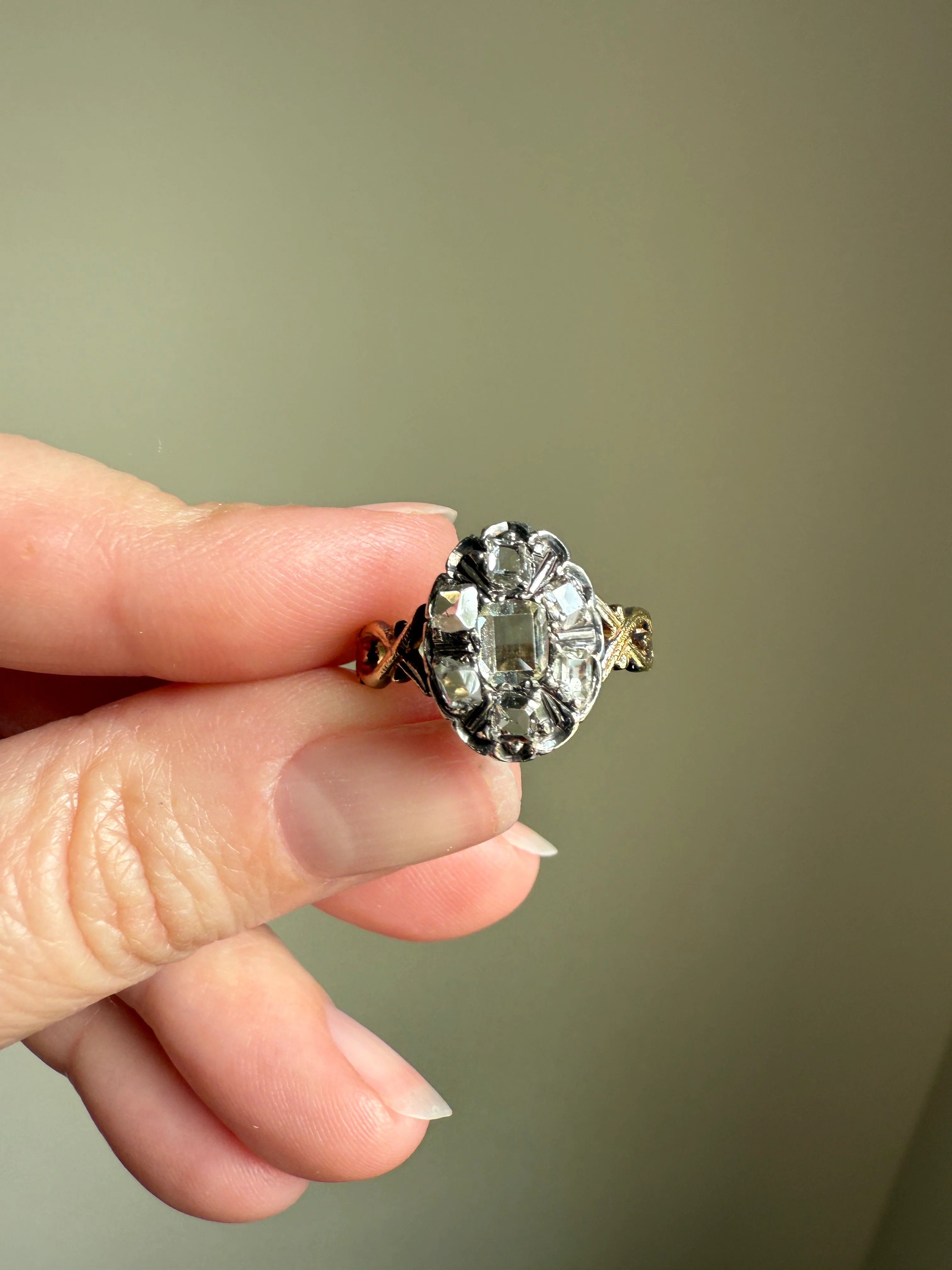 French Early Victorian Era Antique Open Back Table Cut DIAMOND Oval Cluster Ring 18k Gold Scarce Romantic Gift 1800s Ornate Band Stacker - Image 23