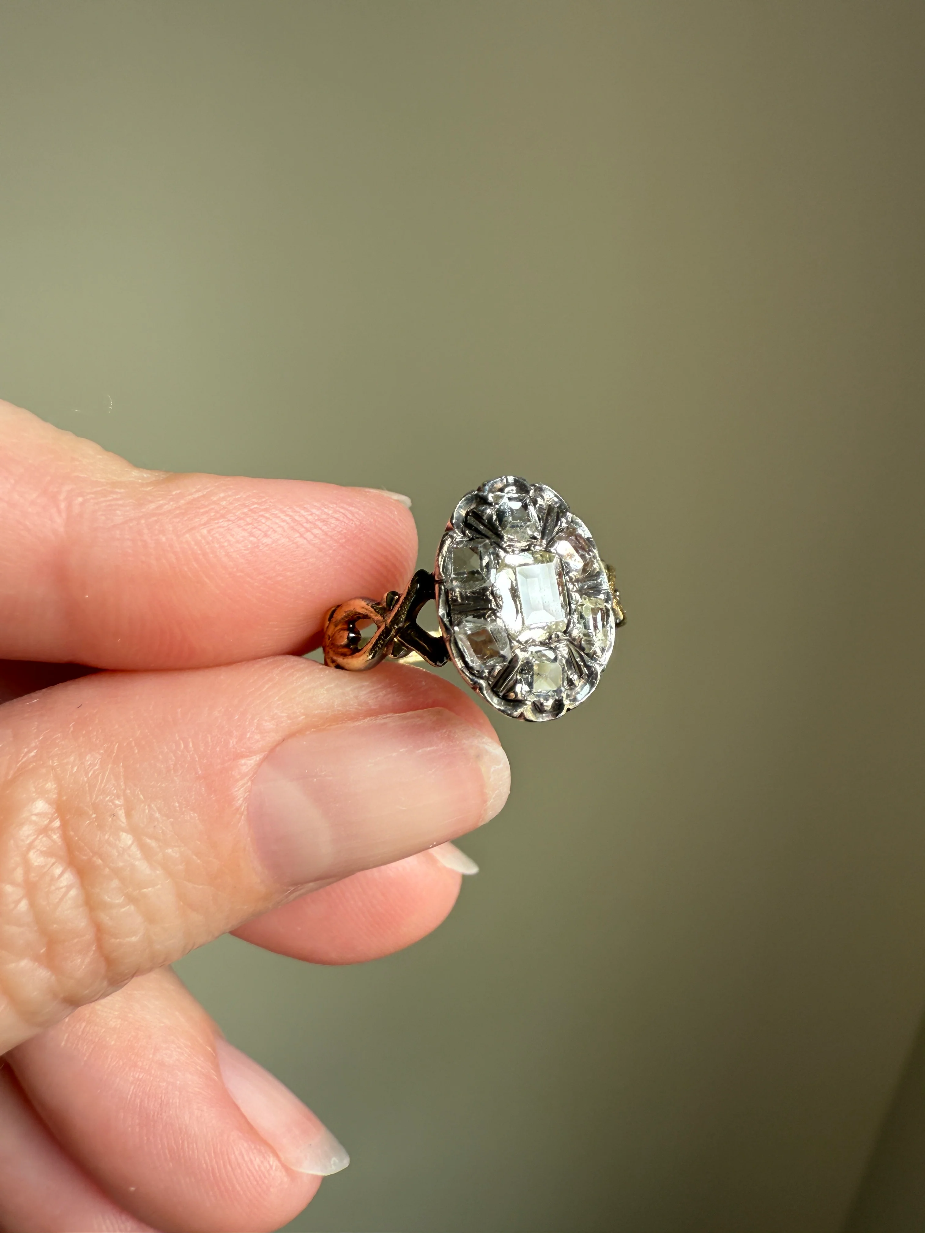 French Early Victorian Era Antique Open Back Table Cut DIAMOND Oval Cluster Ring 18k Gold Scarce Romantic Gift 1800s Ornate Band Stacker - Image 24