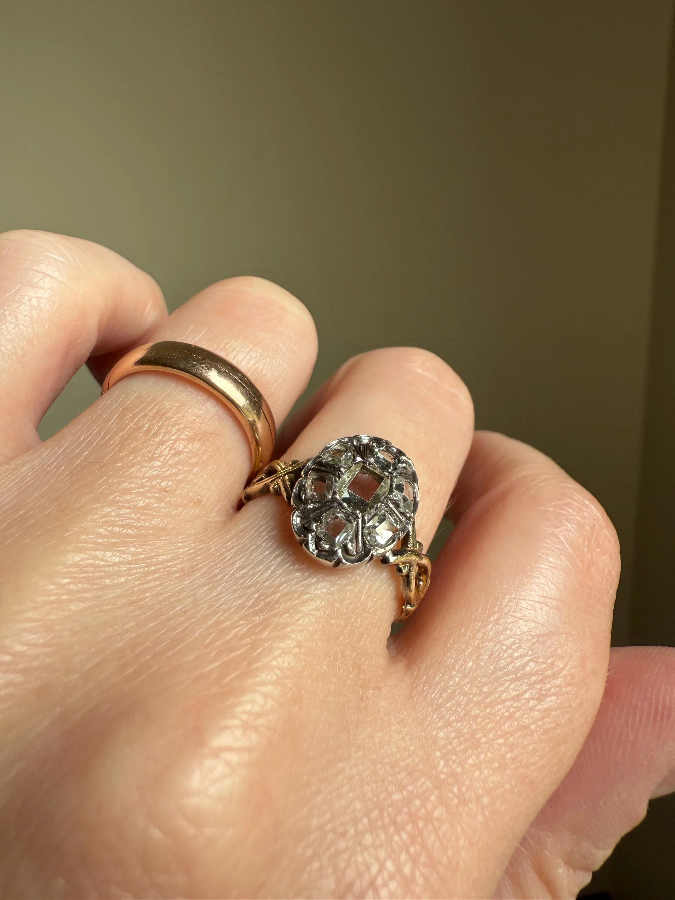 French Early Victorian Era Antique Open Back Table Cut DIAMOND Oval Cluster Ring 18k Gold Scarce Romantic Gift 1800s Ornate Band Stacker - Image 3