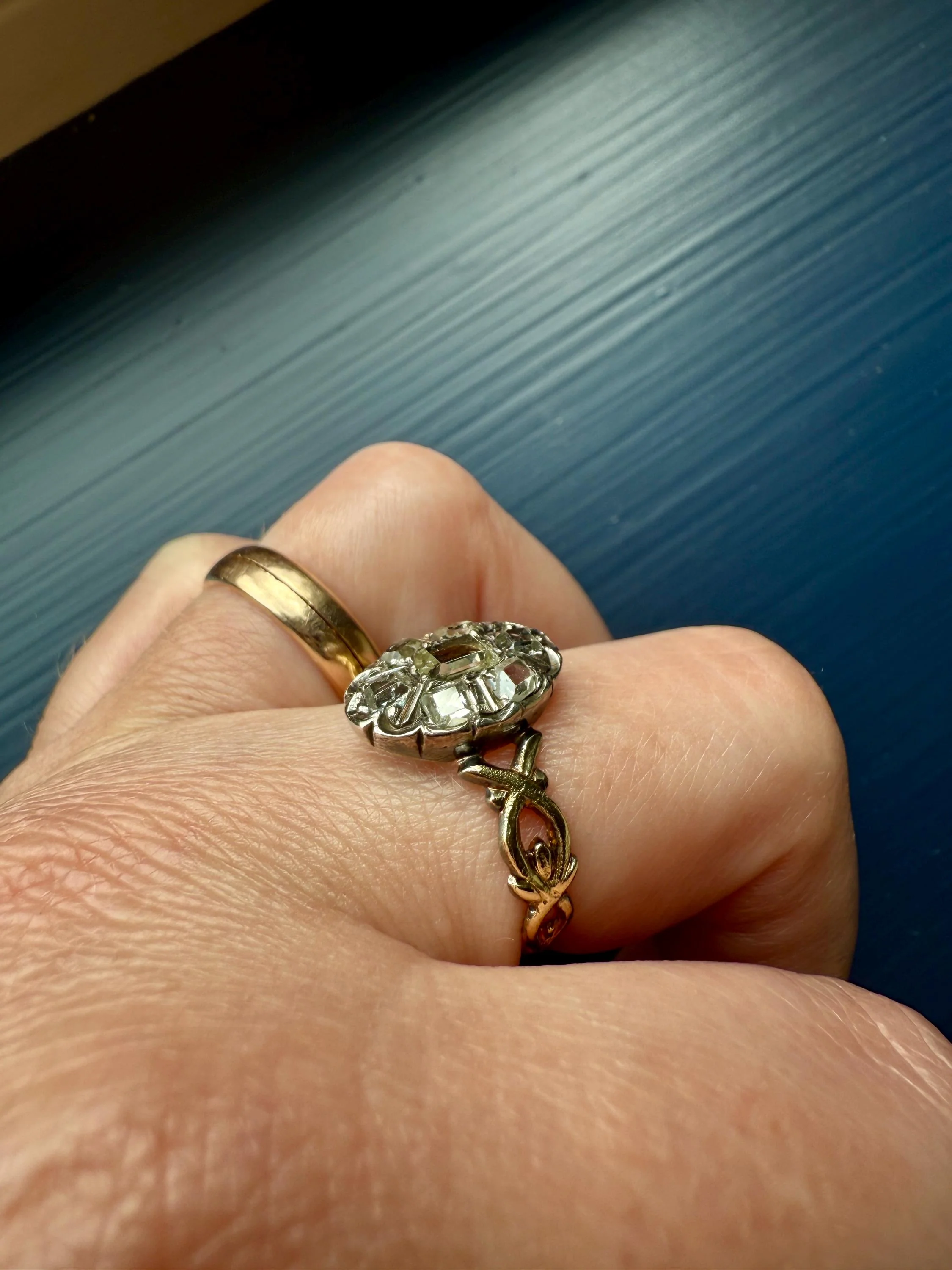 French Early Victorian Era Antique Open Back Table Cut DIAMOND Oval Cluster Ring 18k Gold Scarce Romantic Gift 1800s Ornate Band Stacker - Image 4