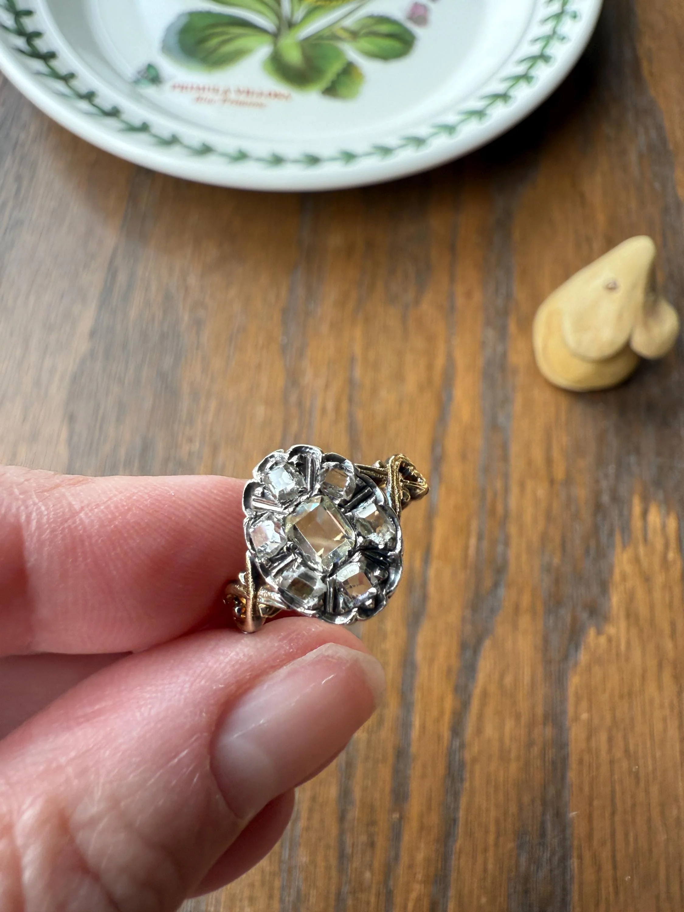 French Early Victorian Era Antique Open Back Table Cut DIAMOND Oval Cluster Ring 18k Gold Scarce Romantic Gift 1800s Ornate Band Stacker - Image 5