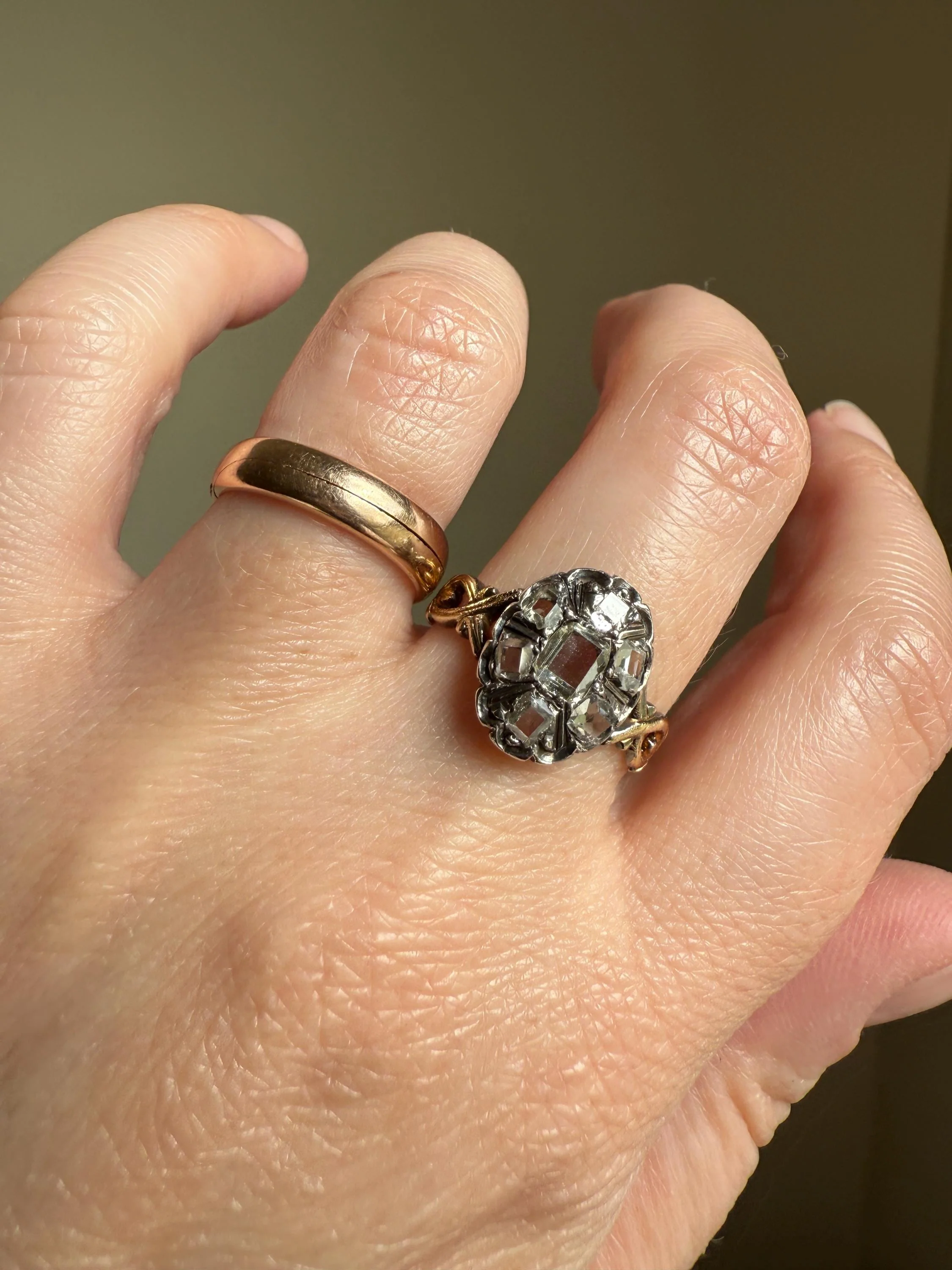 French Early Victorian Era Antique Open Back Table Cut DIAMOND Oval Cluster Ring 18k Gold Scarce Romantic Gift 1800s Ornate Band Stacker - Image 7