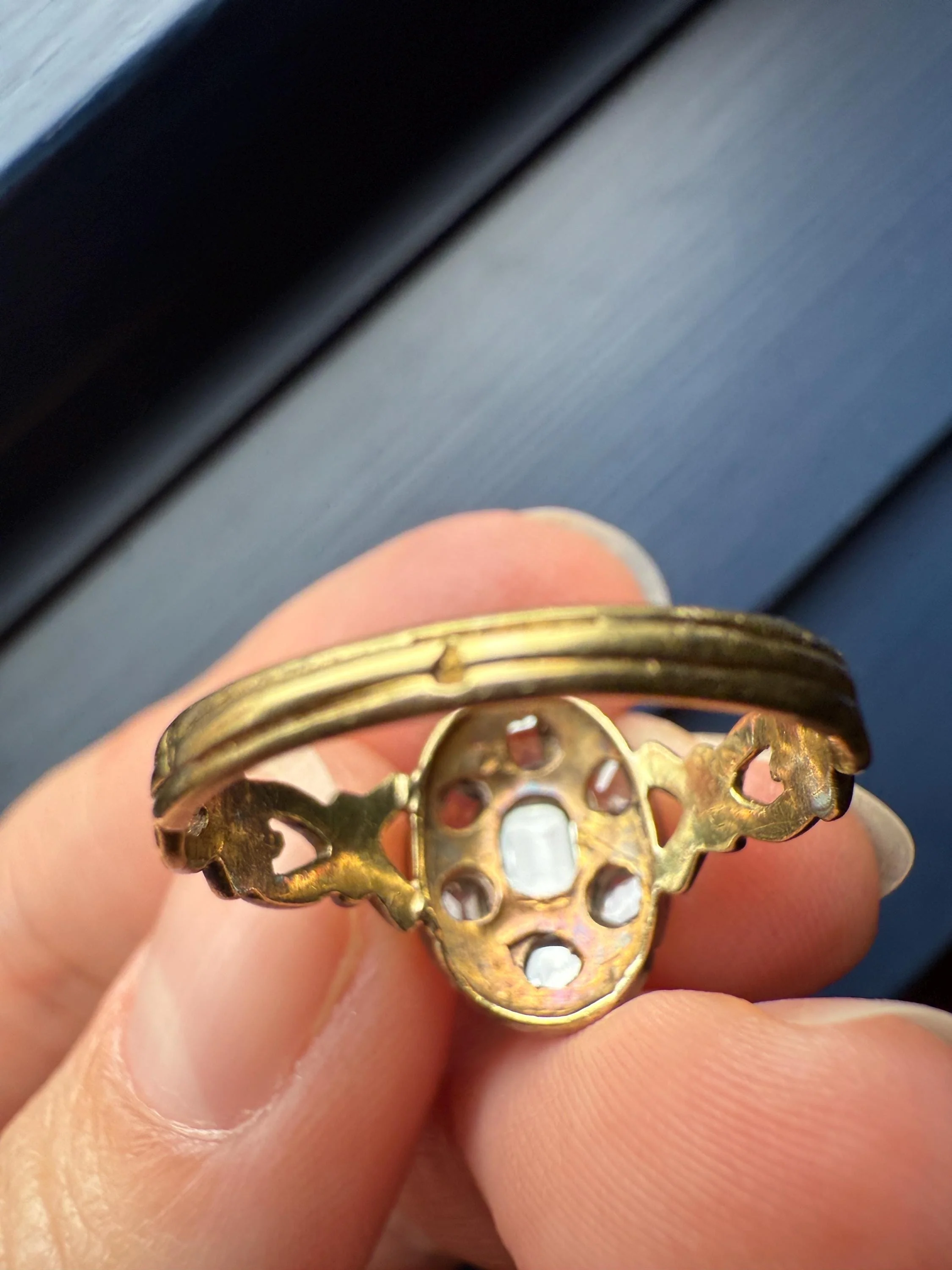 French Early Victorian Era Antique Open Back Table Cut DIAMOND Oval Cluster Ring 18k Gold Scarce Romantic Gift 1800s Ornate Band Stacker - Image 9