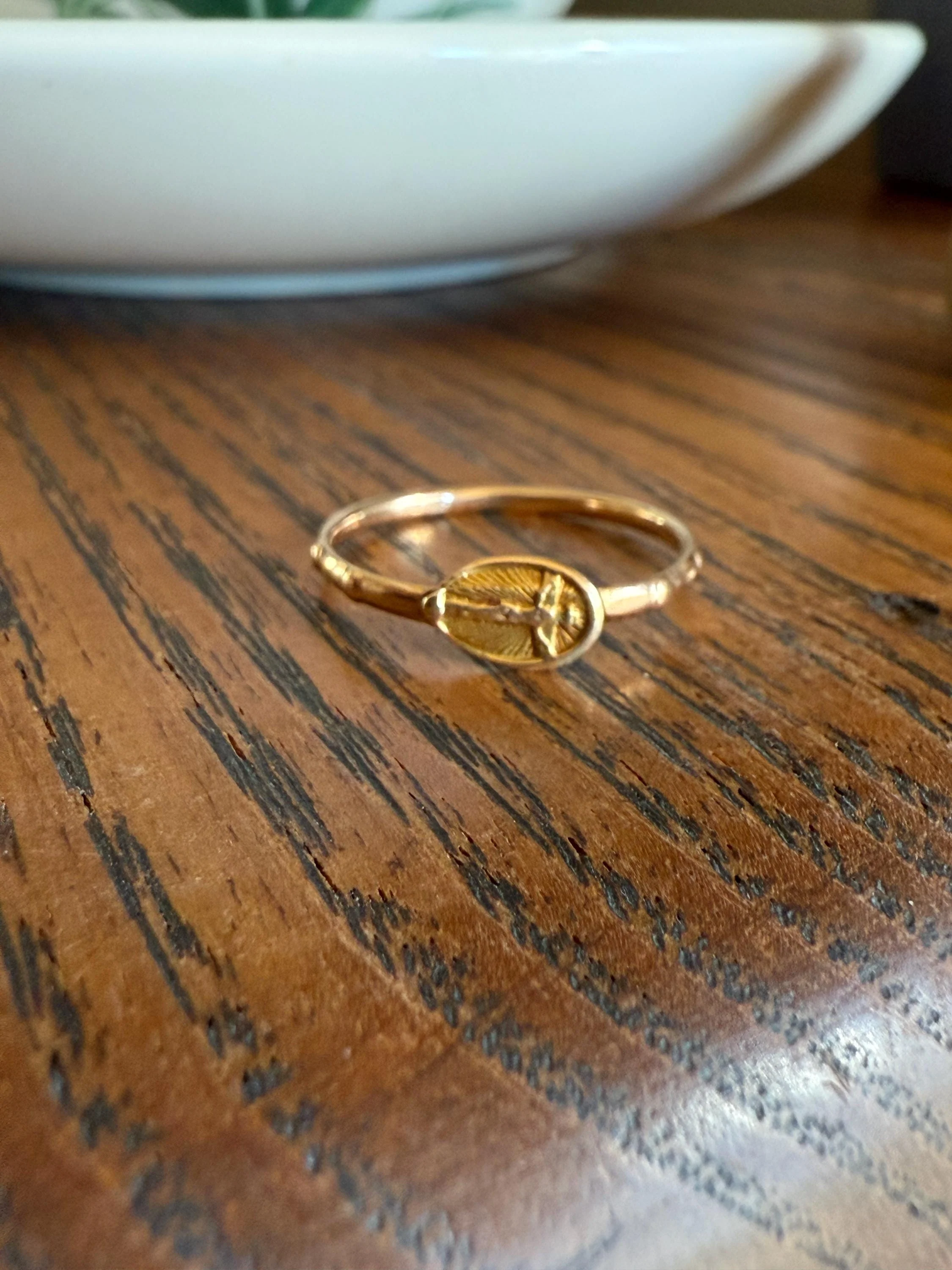 French VICTORiAN Antique ROSARY Ring 18k Gold Cross Riveted Stacker Skinny Band Unique Gift Belle Epoque Religious Minimalist Figural Dainty - Image 2