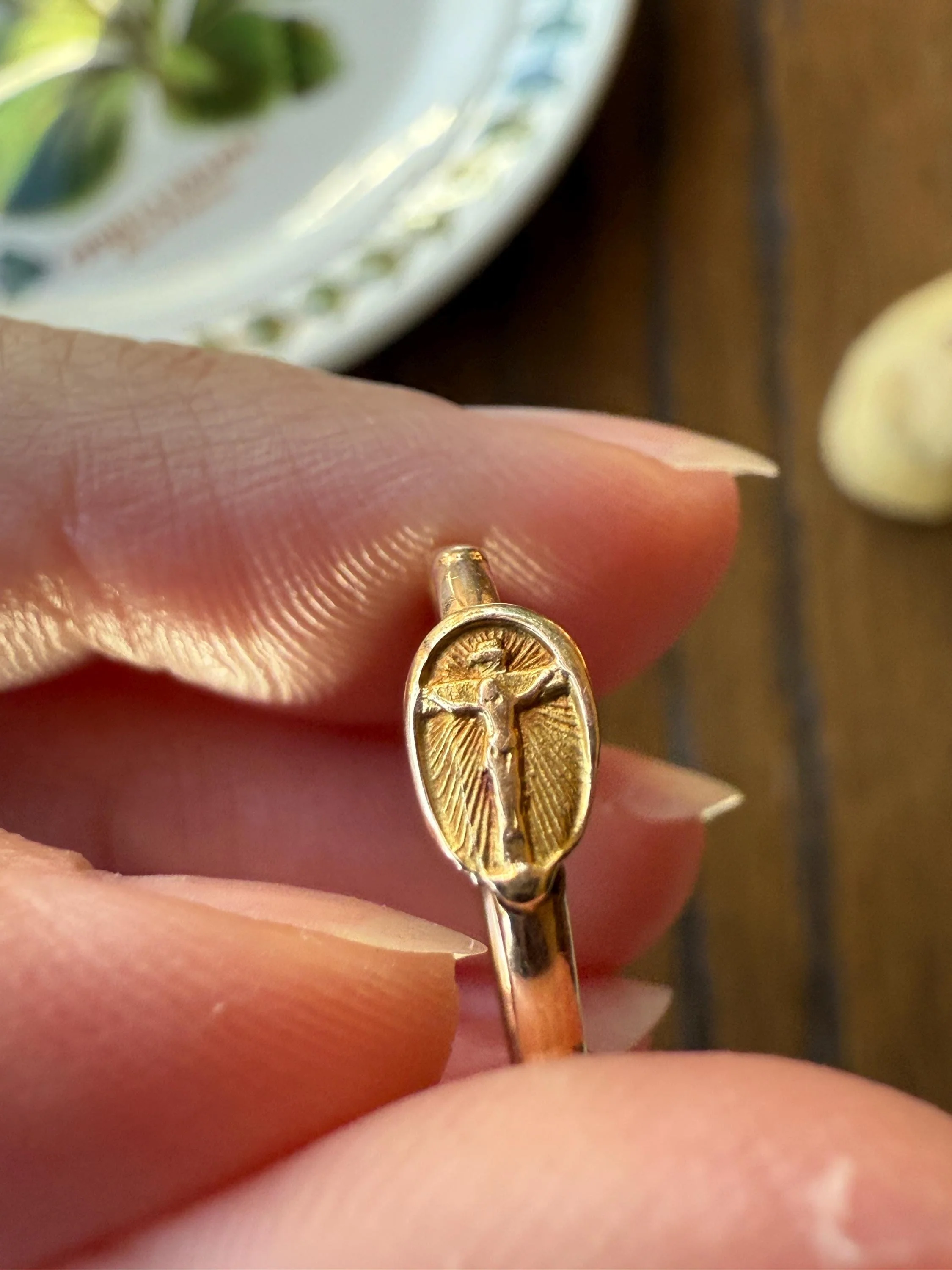 French VICTORiAN Antique ROSARY Ring 18k Gold Cross Riveted Stacker Skinny Band Unique Gift Belle Epoque Religious Minimalist Figural Dainty - Image 3