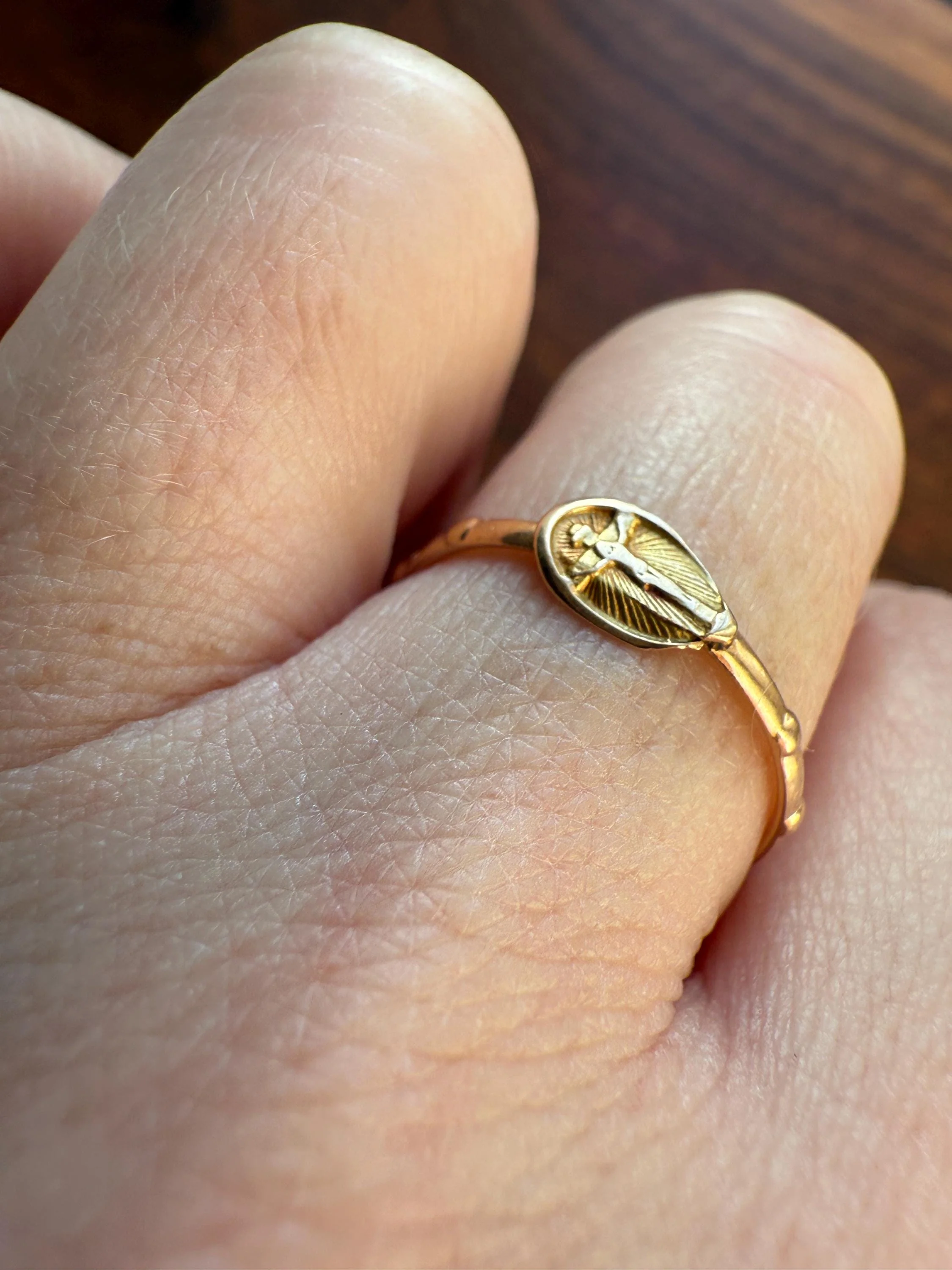 French VICTORiAN Antique ROSARY Ring 18k Gold Cross Riveted Stacker Skinny Band Unique Gift Belle Epoque Religious Minimalist Figural Dainty - Image 5
