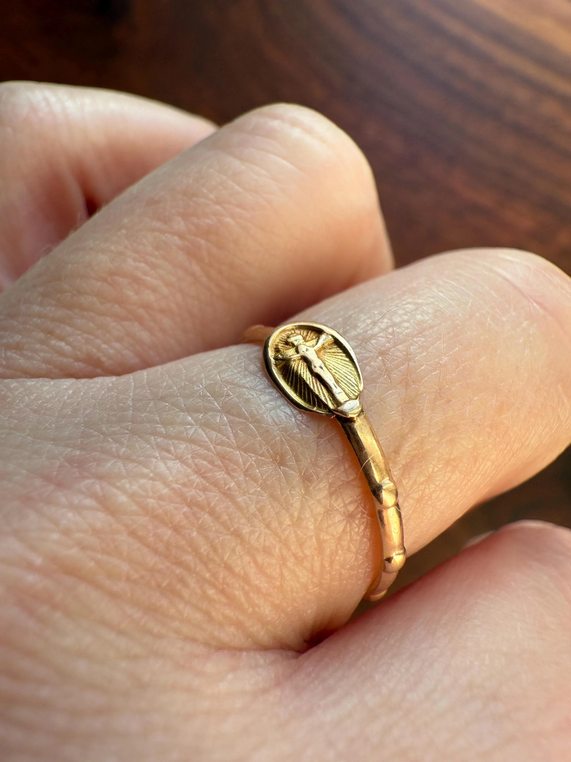 French VICTORiAN Antique ROSARY Ring 18k Gold Cross Riveted Stacker Skinny Band Unique Gift Belle Epoque Religious Minimalist Figural Dainty - Image 6