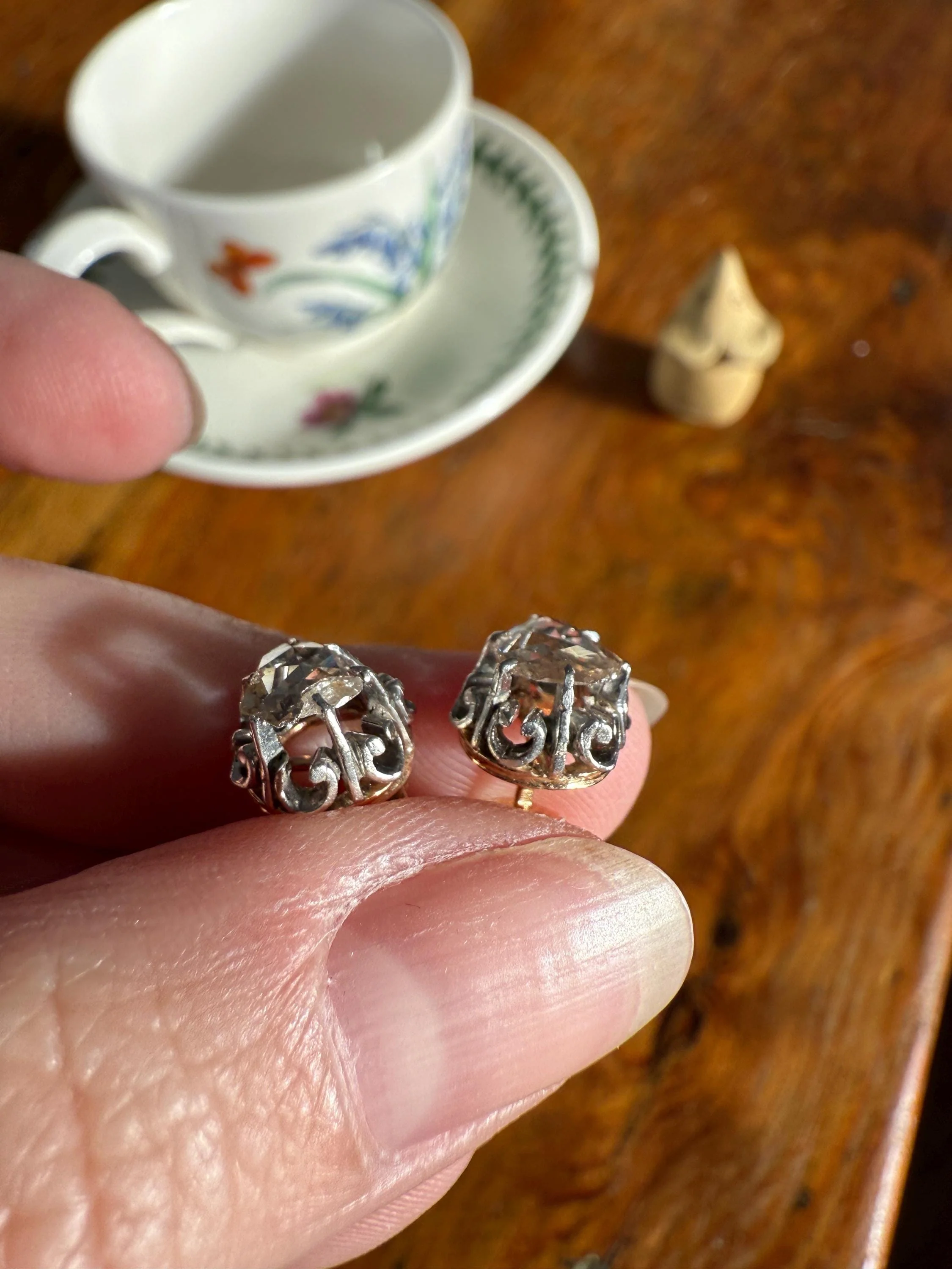 French VICTORIAN Antique Triangular Natural Rose Cut DIAMOND Stud EARRINGS 2 Carats Face Up 18k Gold Solid Platinum Crown Fleur De Lis Prong - Image 10