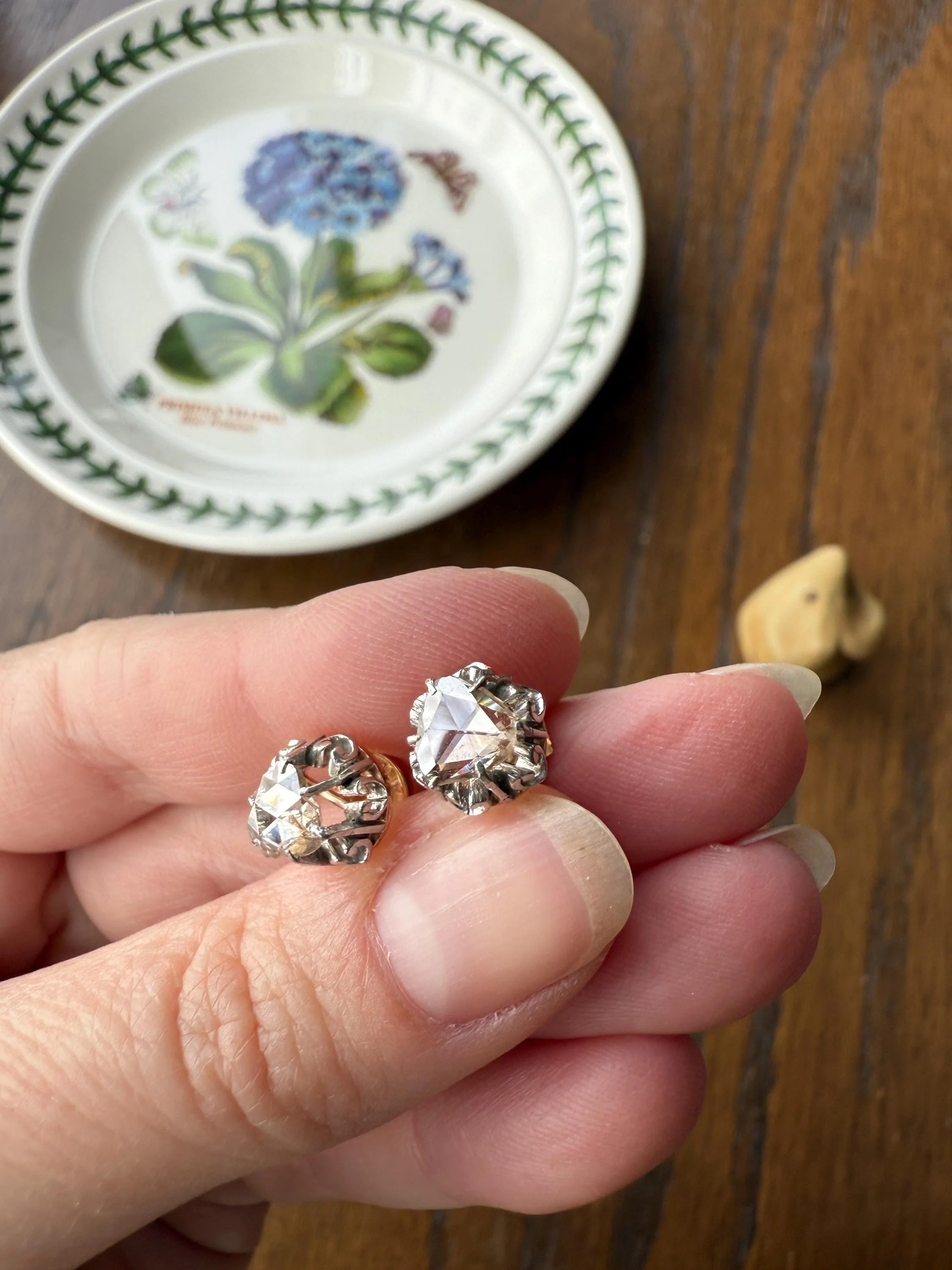 French VICTORIAN Antique Triangular Natural Rose Cut DIAMOND Stud EARRINGS 2 Carats Face Up 18k Gold Solid Platinum Crown Fleur De Lis Prong - Image 11