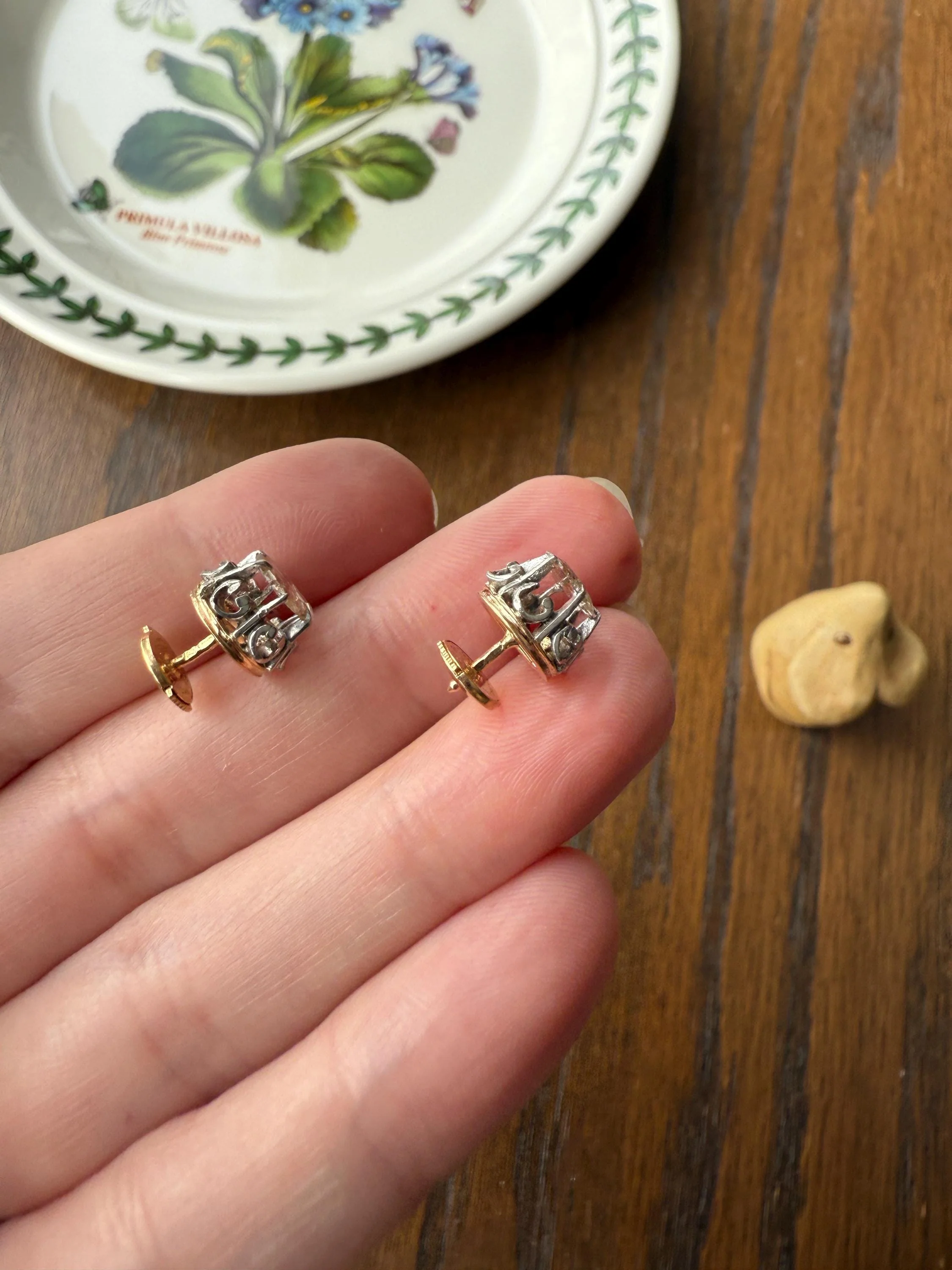 French VICTORIAN Antique Triangular Natural Rose Cut DIAMOND Stud EARRINGS 2 Carats Face Up 18k Gold Solid Platinum Crown Fleur De Lis Prong - Image 12