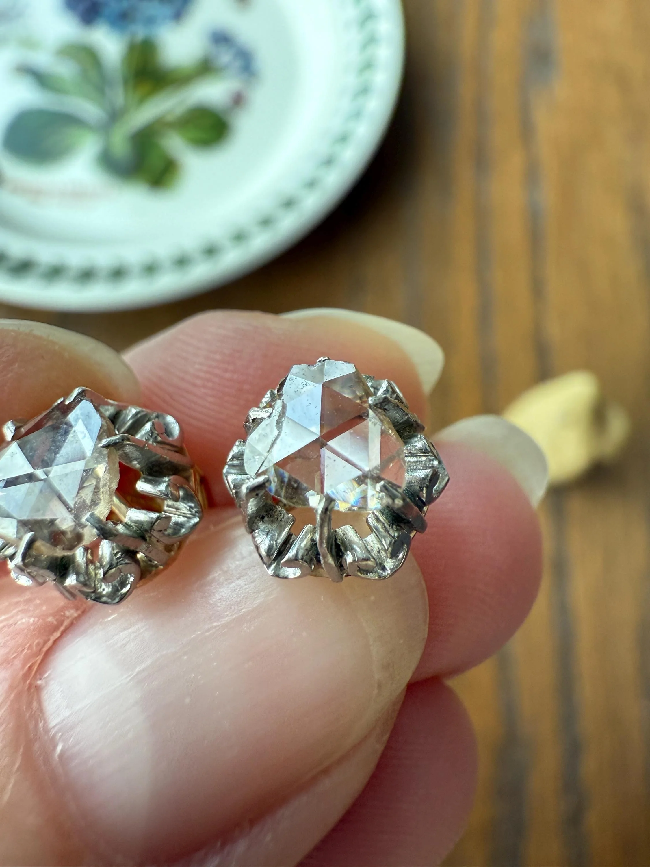 French VICTORIAN Antique Triangular Natural Rose Cut DIAMOND Stud EARRINGS 2 Carats Face Up 18k Gold Solid Platinum Crown Fleur De Lis Prong - Image 13