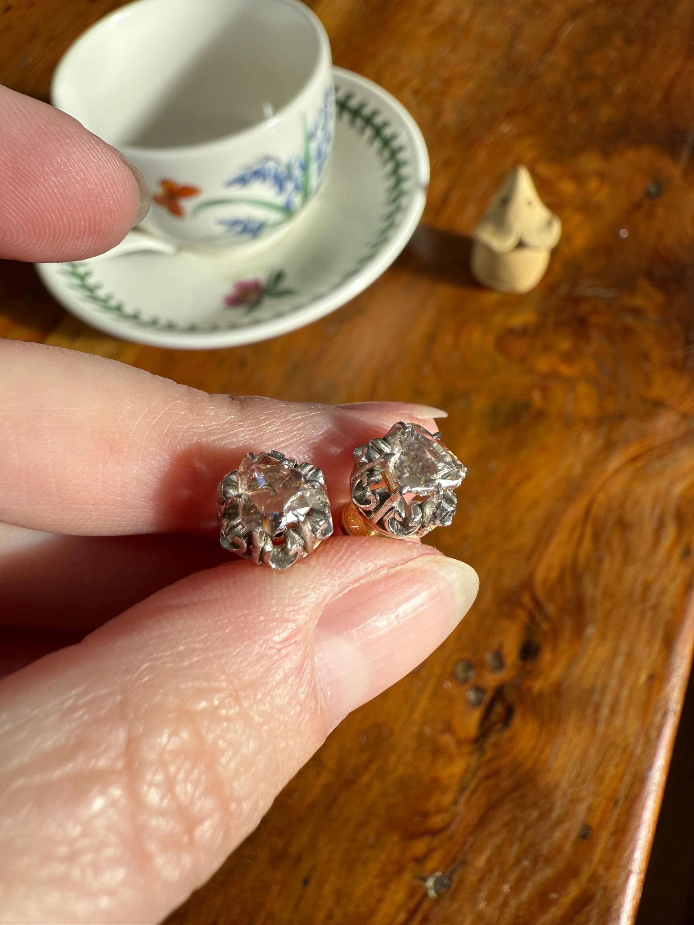French VICTORIAN Antique Triangular Natural Rose Cut DIAMOND Stud EARRINGS 2 Carats Face Up 18k Gold Solid Platinum Crown Fleur De Lis Prong - Image 15