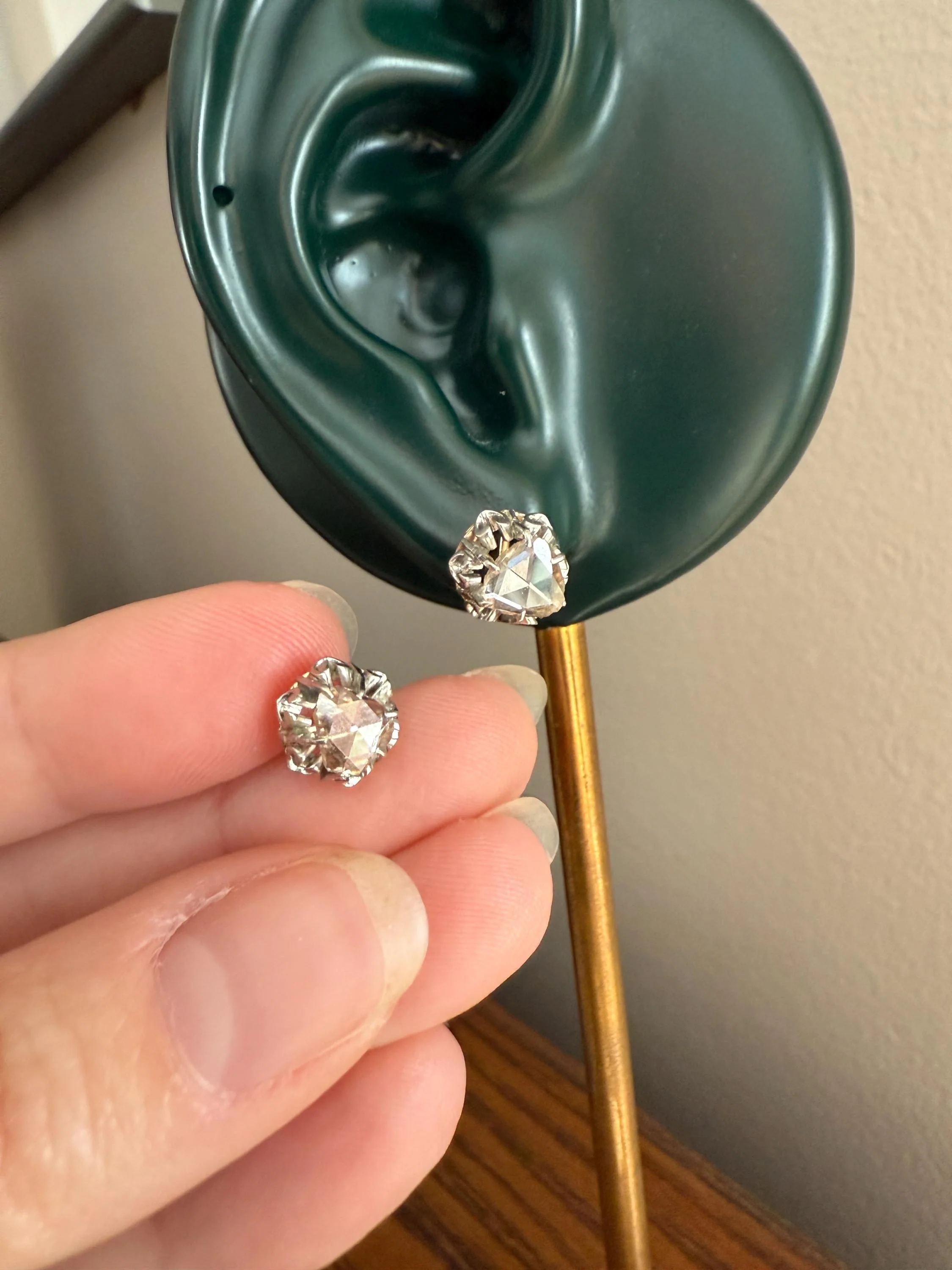French VICTORIAN Antique Triangular Natural Rose Cut DIAMOND Stud EARRINGS 2 Carats Face Up 18k Gold Solid Platinum Crown Fleur De Lis Prong - Image 16