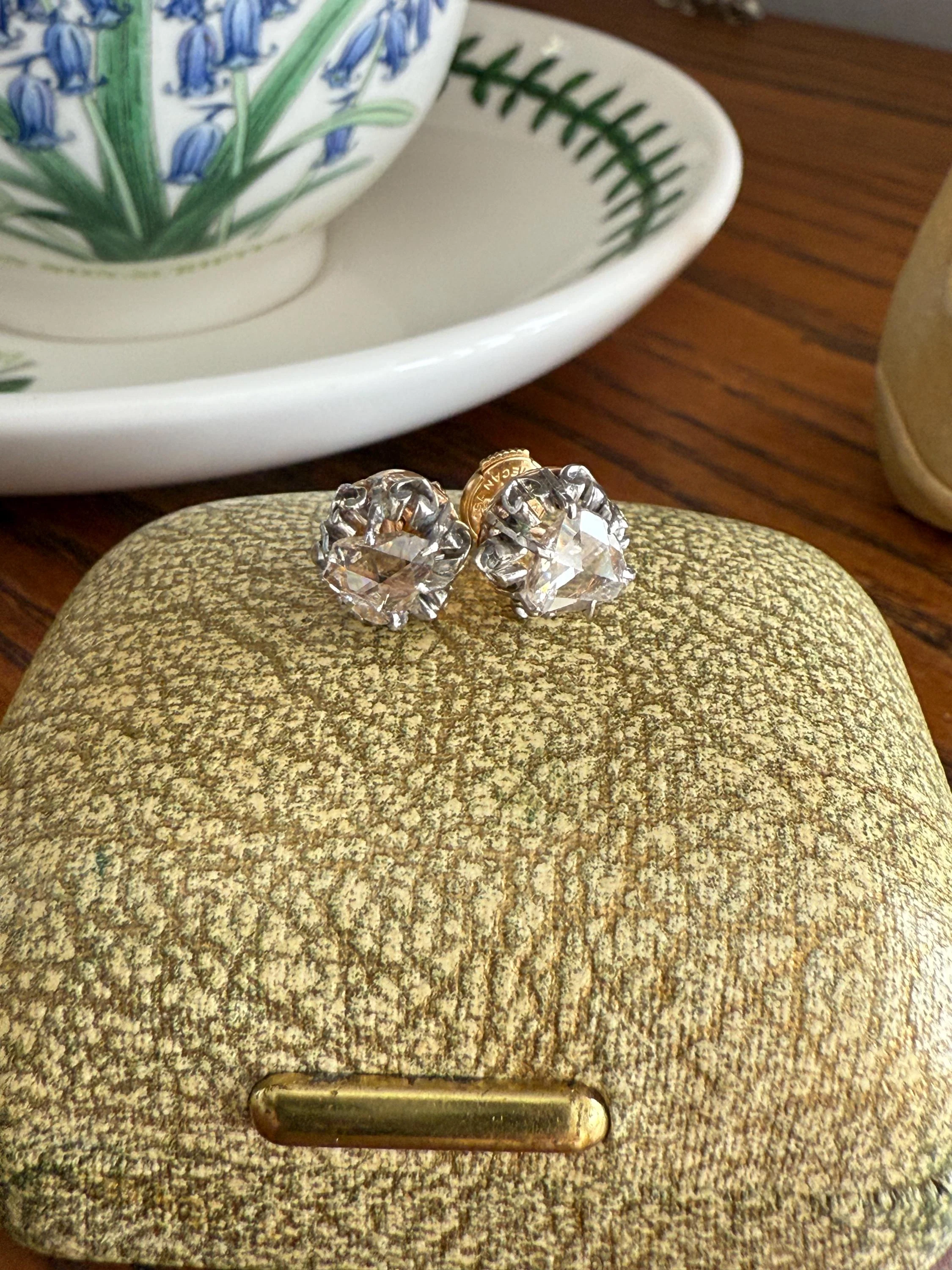French VICTORIAN Antique Triangular Natural Rose Cut DIAMOND Stud EARRINGS 2 Carats Face Up 18k Gold Solid Platinum Crown Fleur De Lis Prong - Image 17