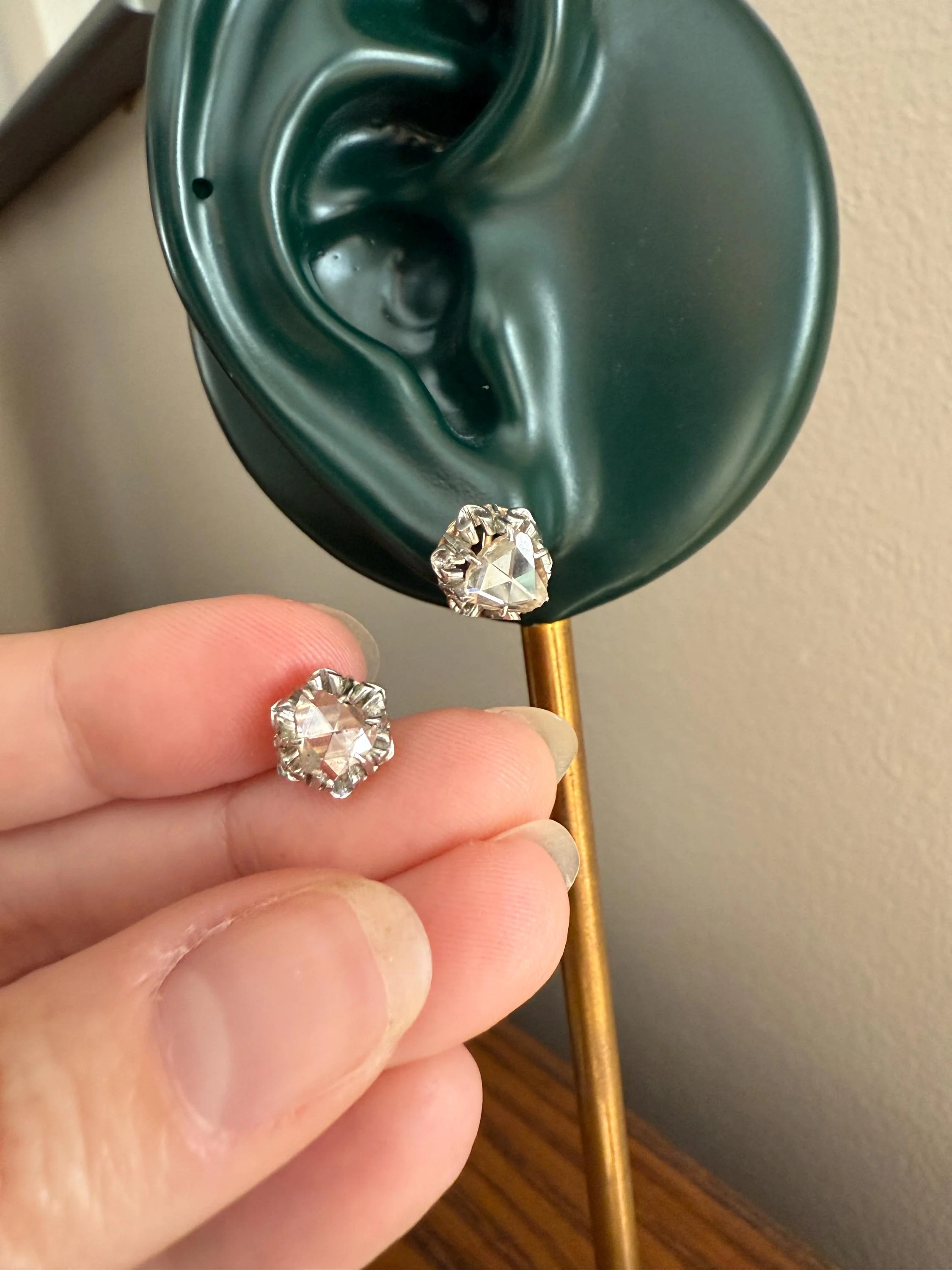 French VICTORIAN Antique Triangular Natural Rose Cut DIAMOND Stud EARRINGS 2 Carats Face Up 18k Gold Solid Platinum Crown Fleur De Lis Prong - Image 2
