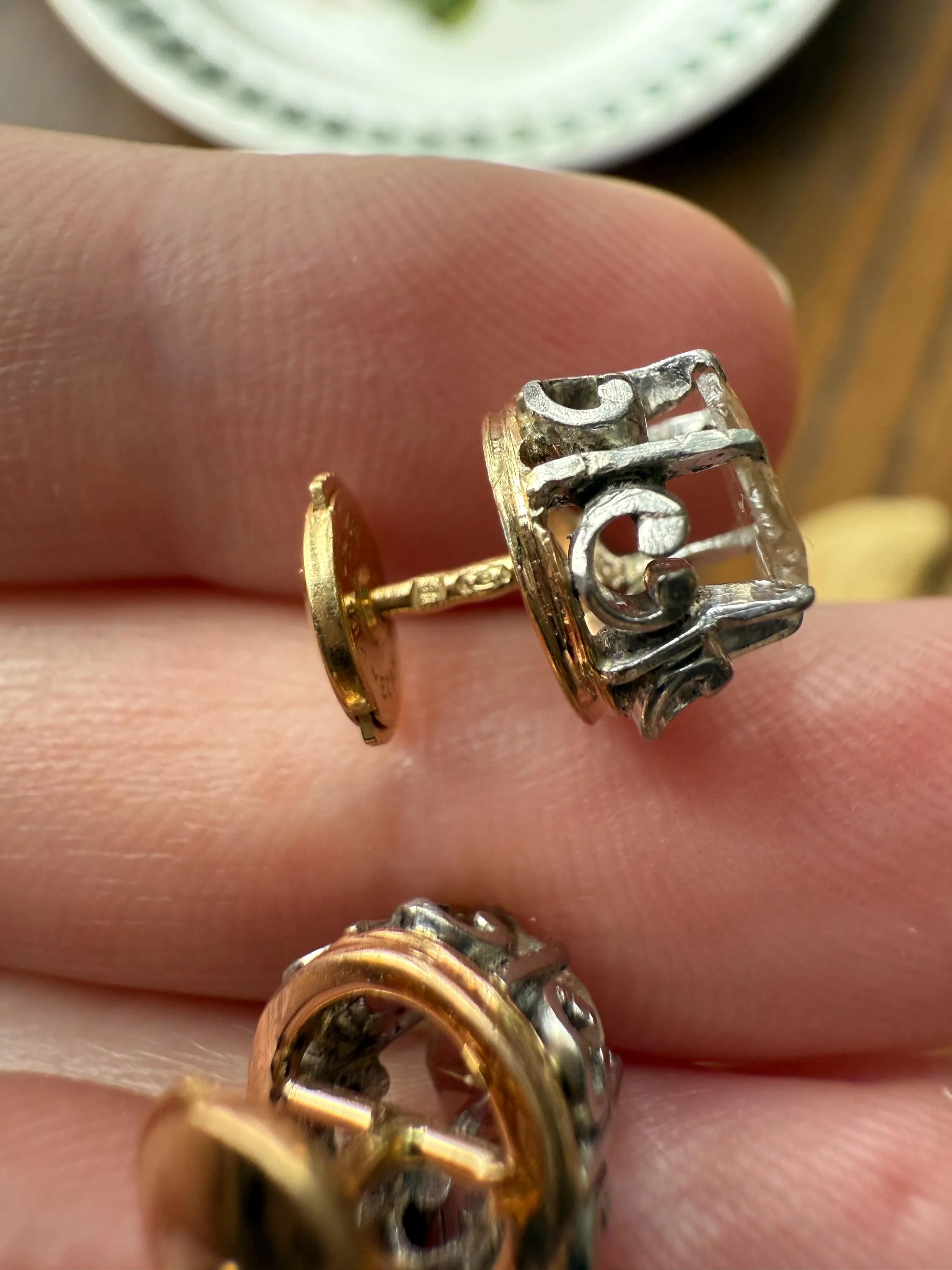 French VICTORIAN Antique Triangular Natural Rose Cut DIAMOND Stud EARRINGS 2 Carats Face Up 18k Gold Solid Platinum Crown Fleur De Lis Prong - Image 20